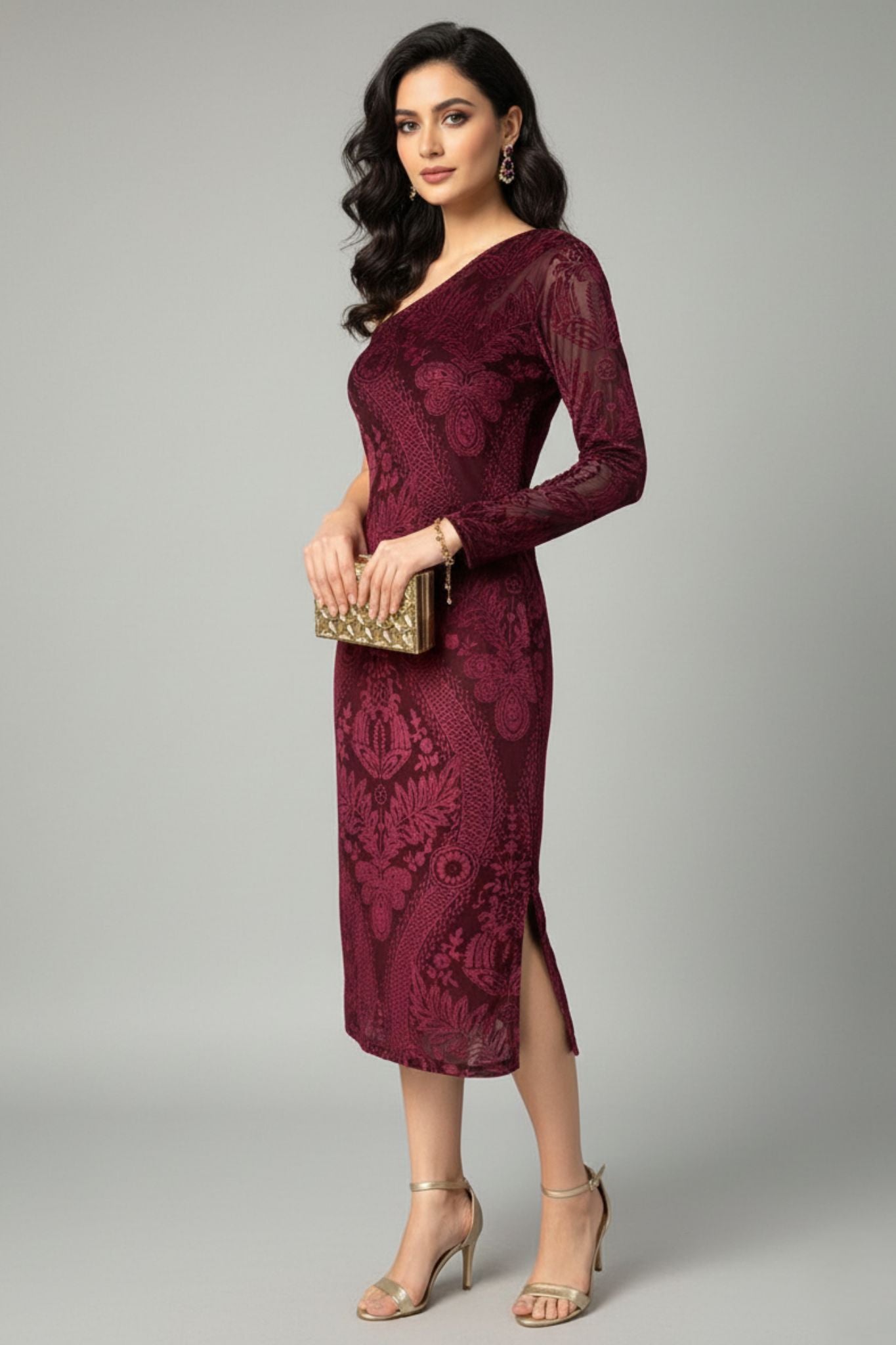 Velvet Burnout One-Shoulder Maroon Midi Dress