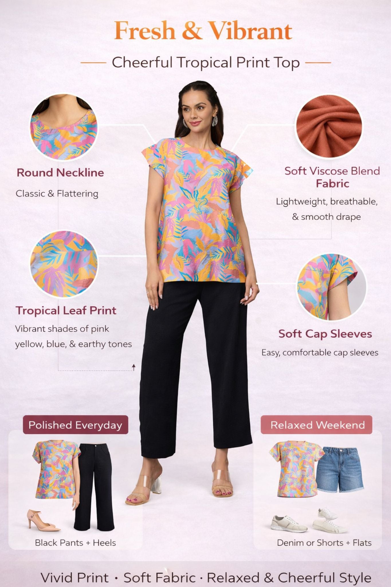 Tropical Printed Cap Sleeve Top – Multi | Viscose Blend