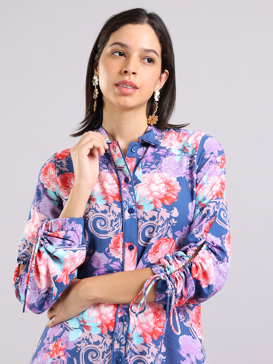 Purple Floral Print Long Sleeve Tunic