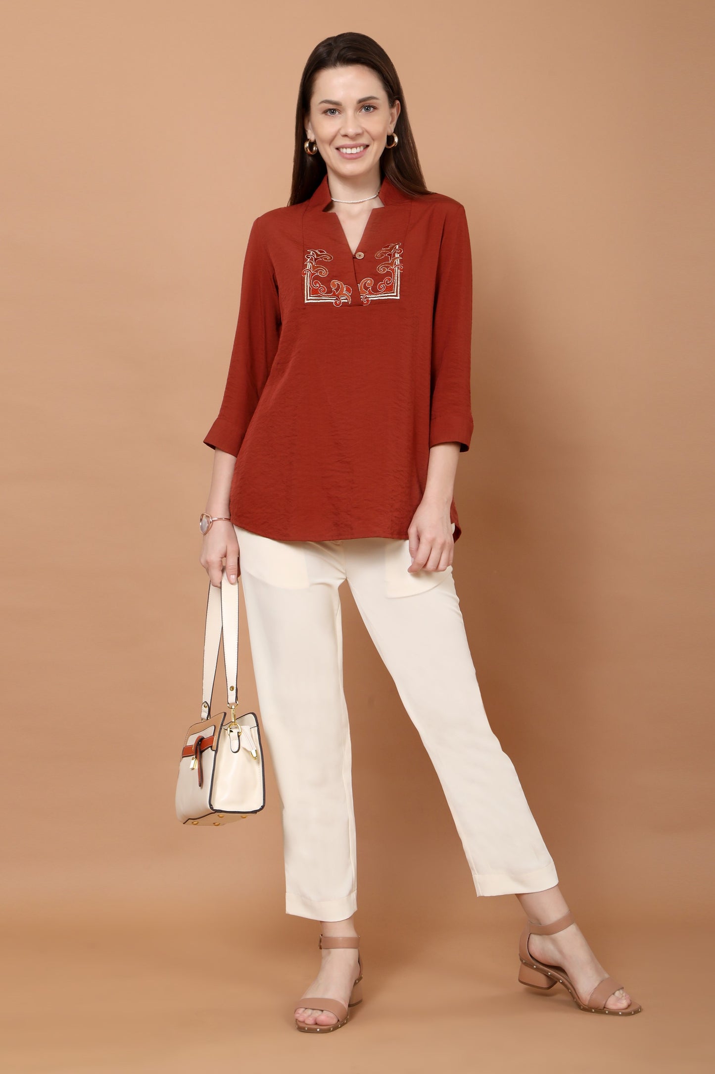 Rust Embroidered Rayon Tunic