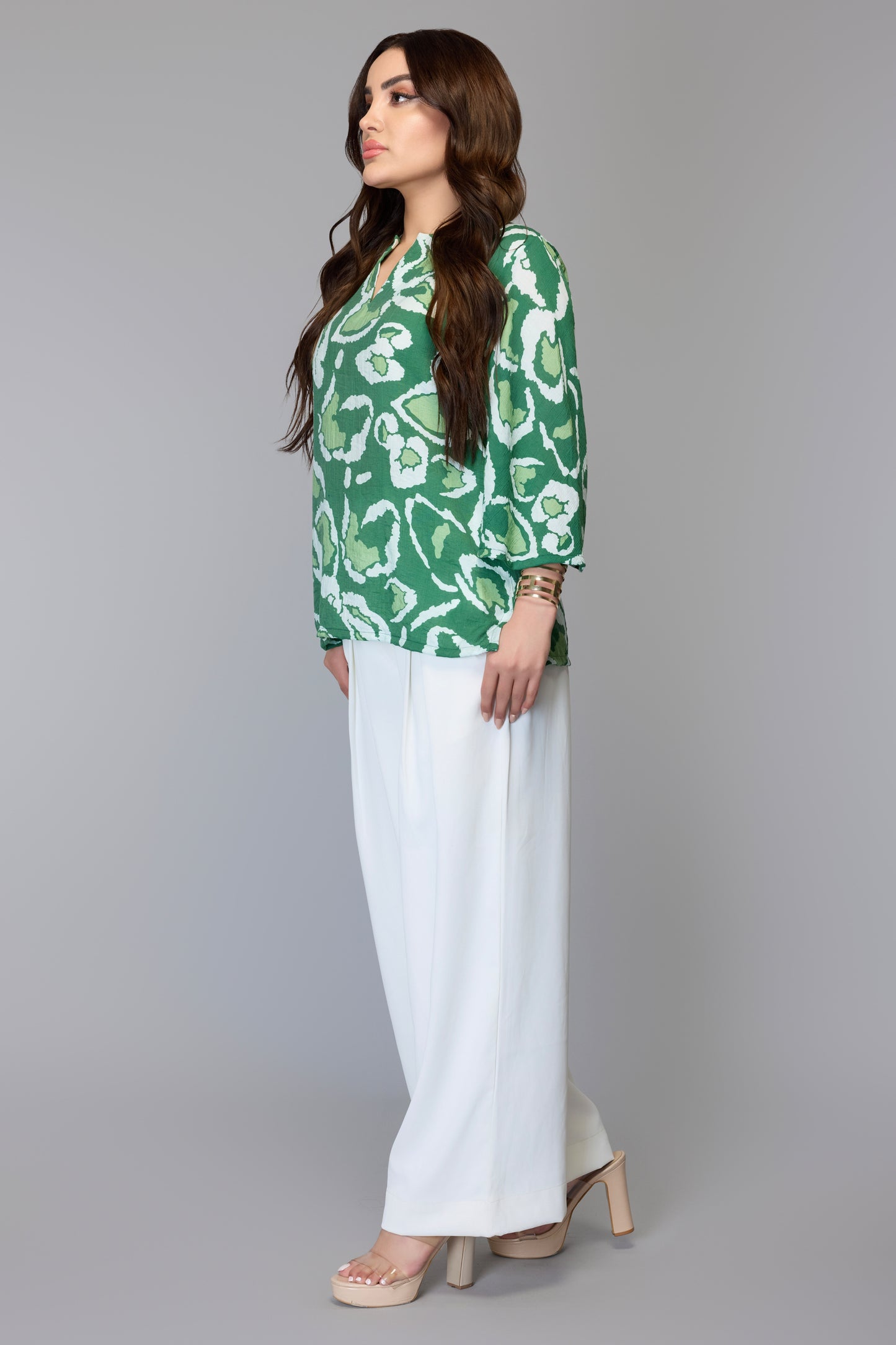 Green Abstract Bell Sleeve Top