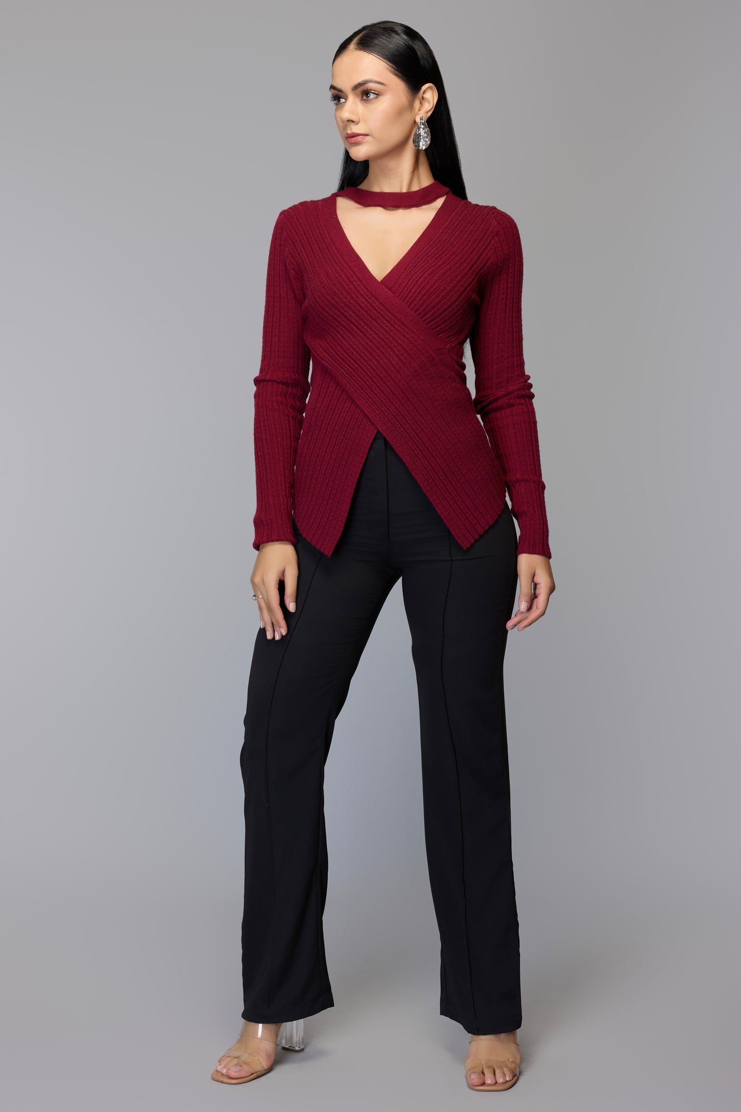 Ribbed Wrap Knit Sweater - Maroon