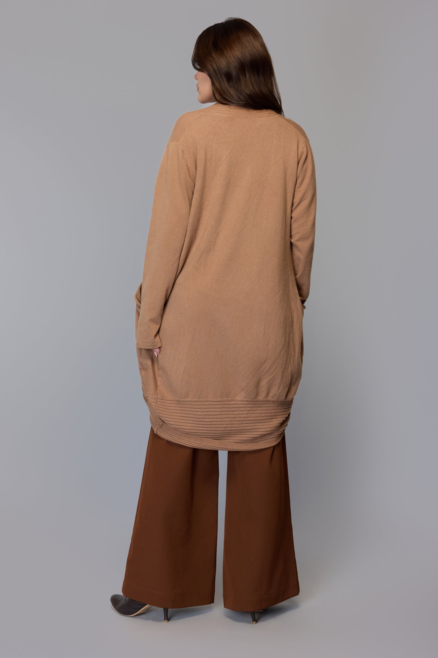Longline Knit Sweater with Draped Hem - Rust