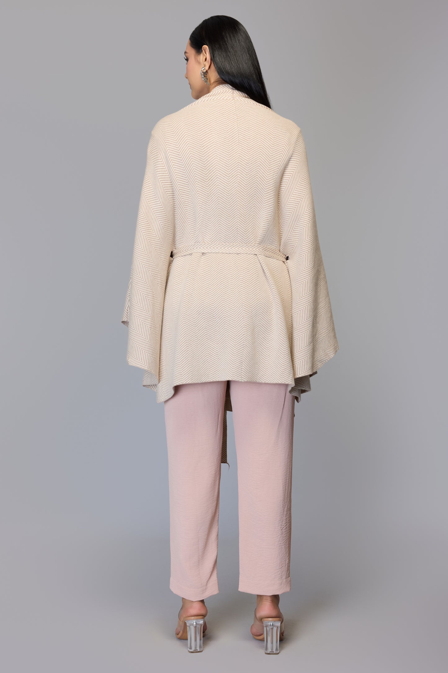 Belted Cape Sweater with Flared Hem - Beige