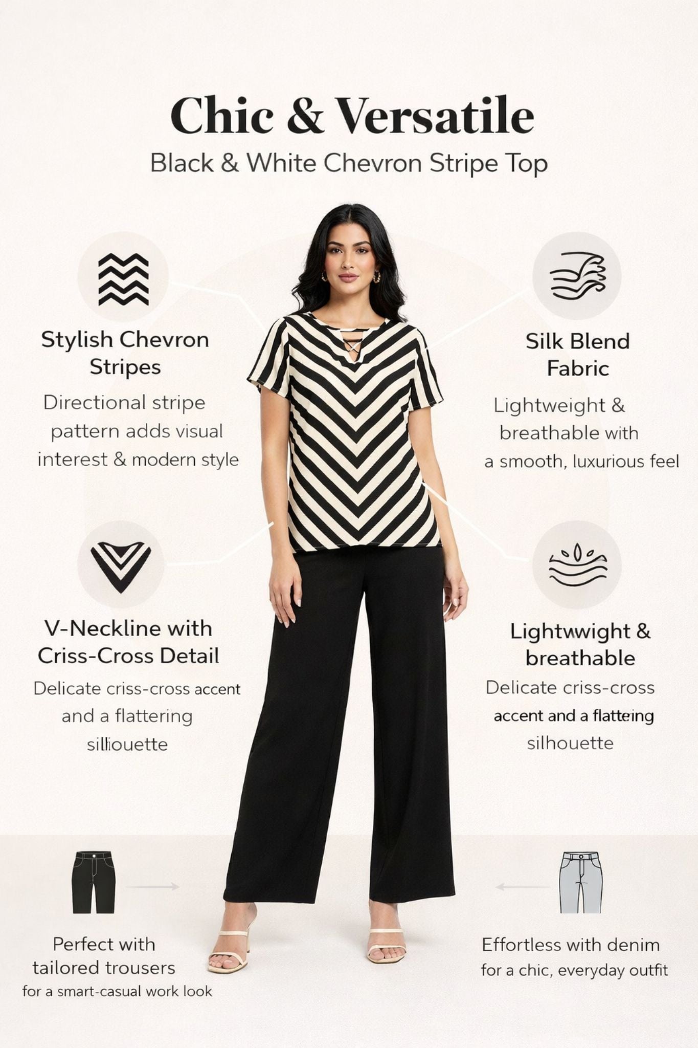 Criss Cross Neck Striped Top – Black & White | Silk Blend
