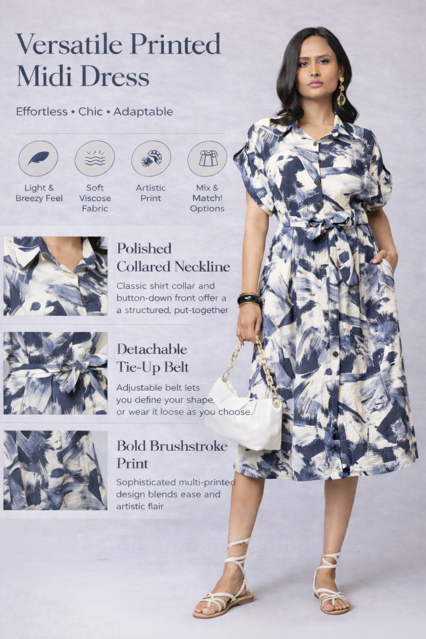 Abstract Belted Midi Dress - Multi | Viscose Blend