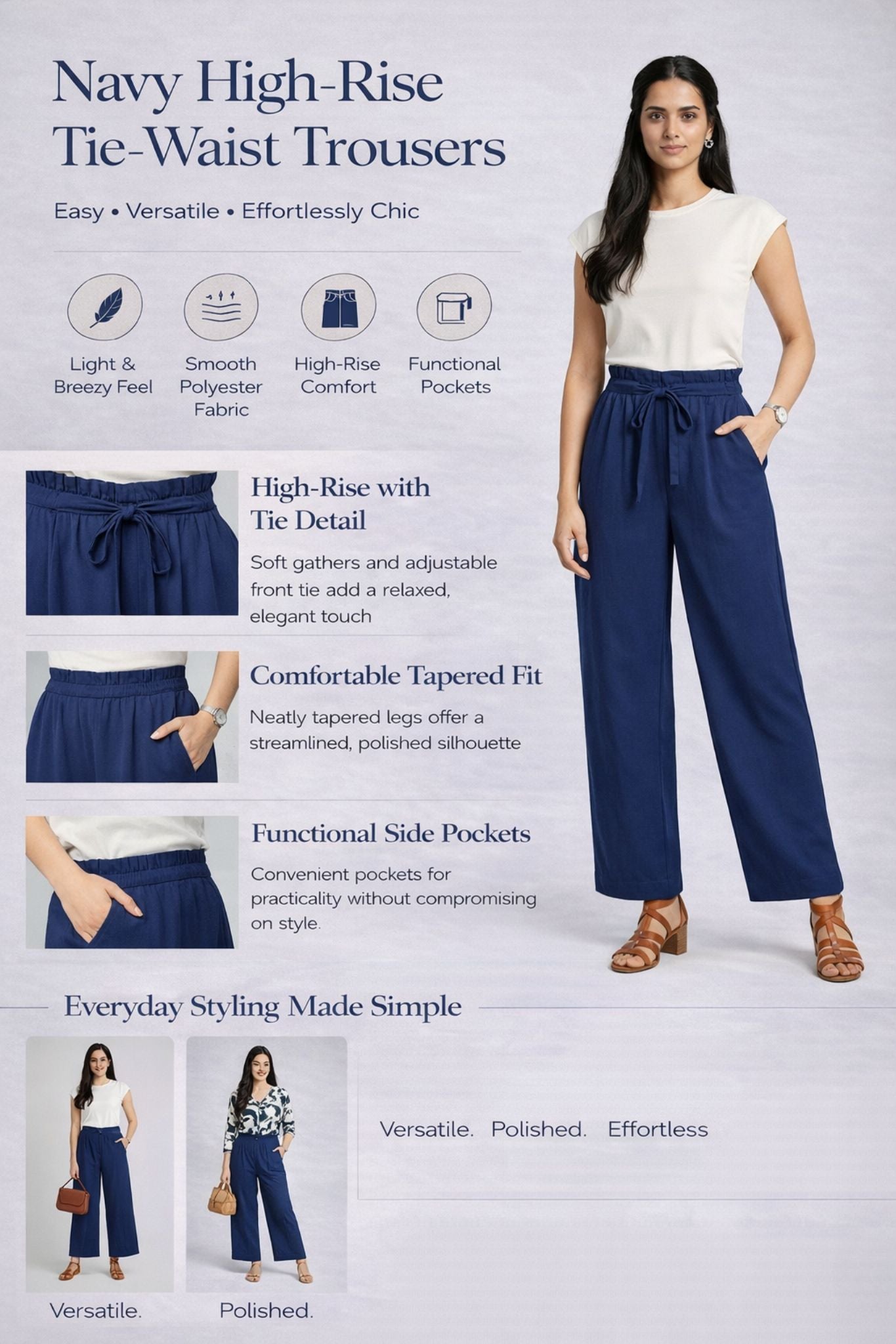 Smart Casual Trousers - Navy | Polyester