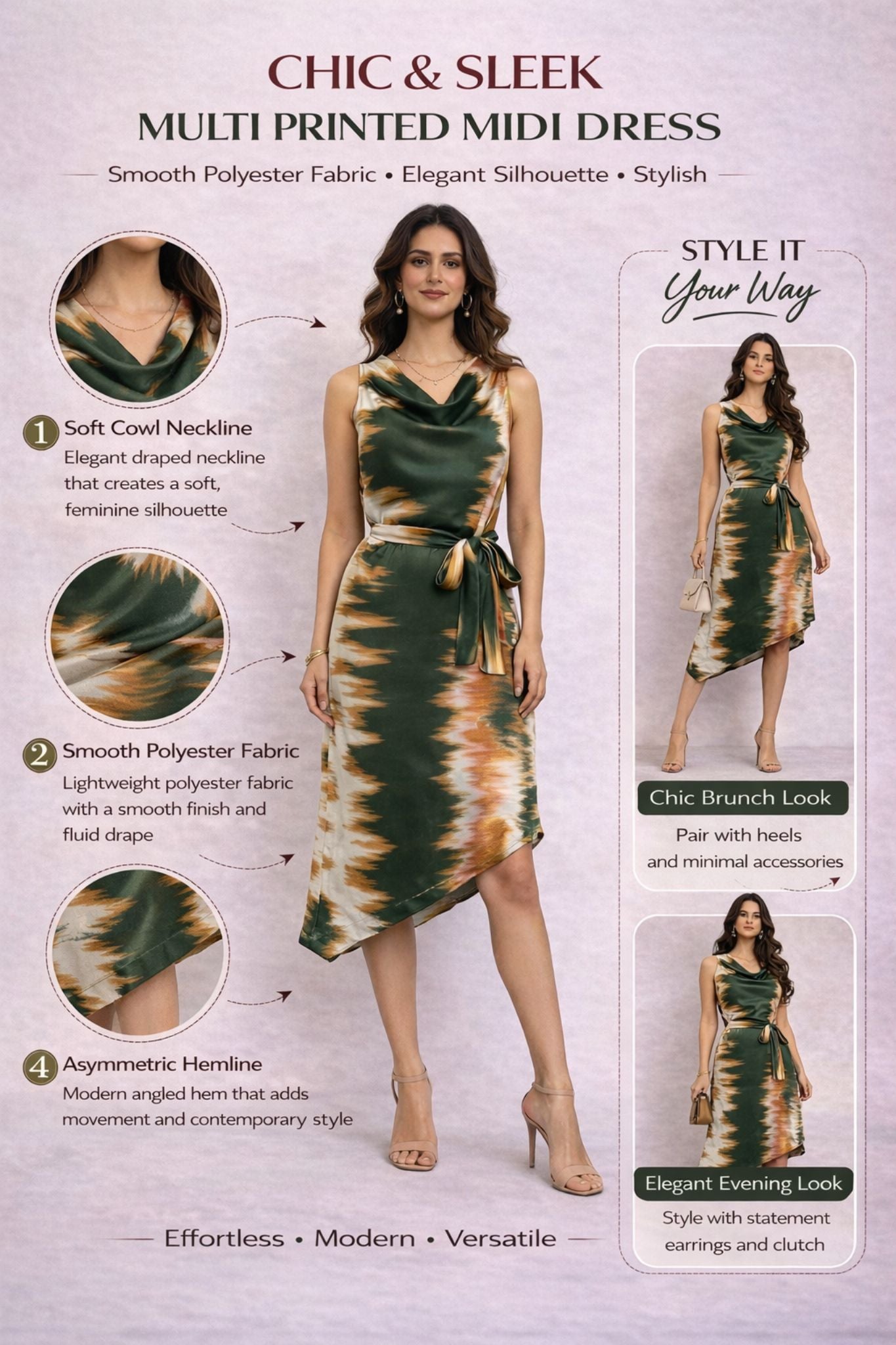 Asymmetric Cowl Neck Dress - Multi | Polyester