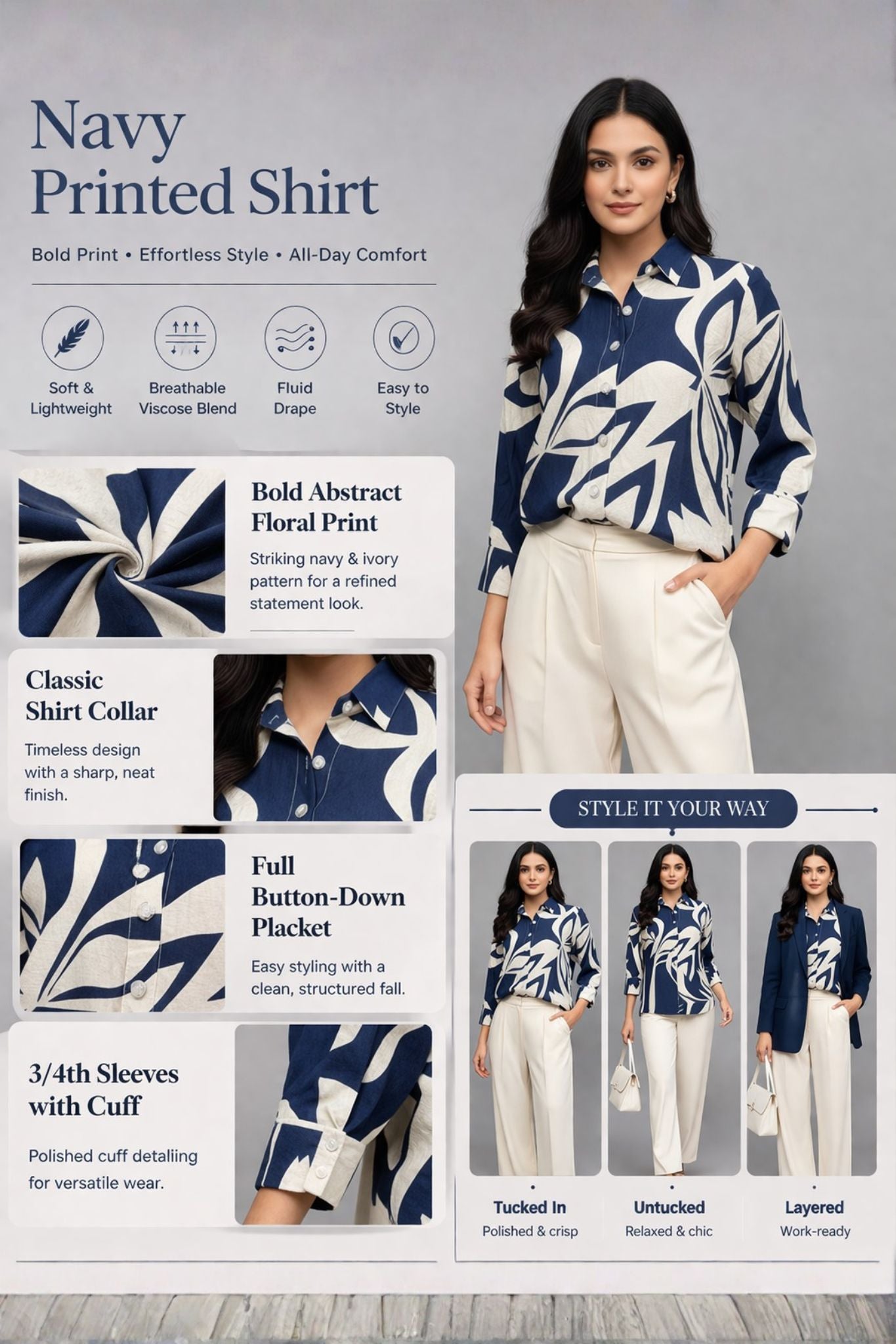 Modern Floral Shirt - Navy | Viscose Blend