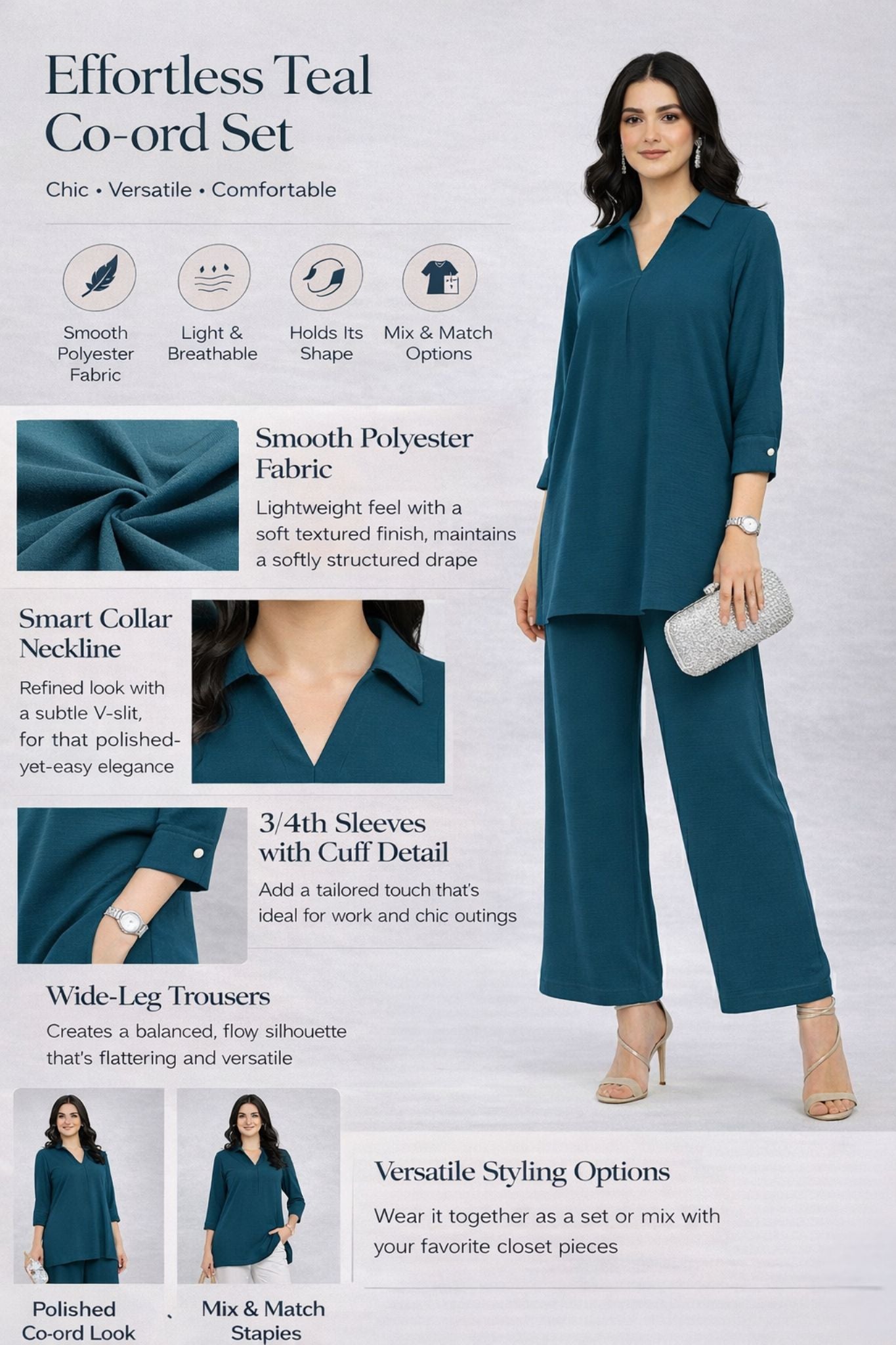 Modern Minimal Co-Ord Set - Teal | Polyester