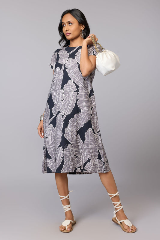 Black Leaf Print Midi Dress