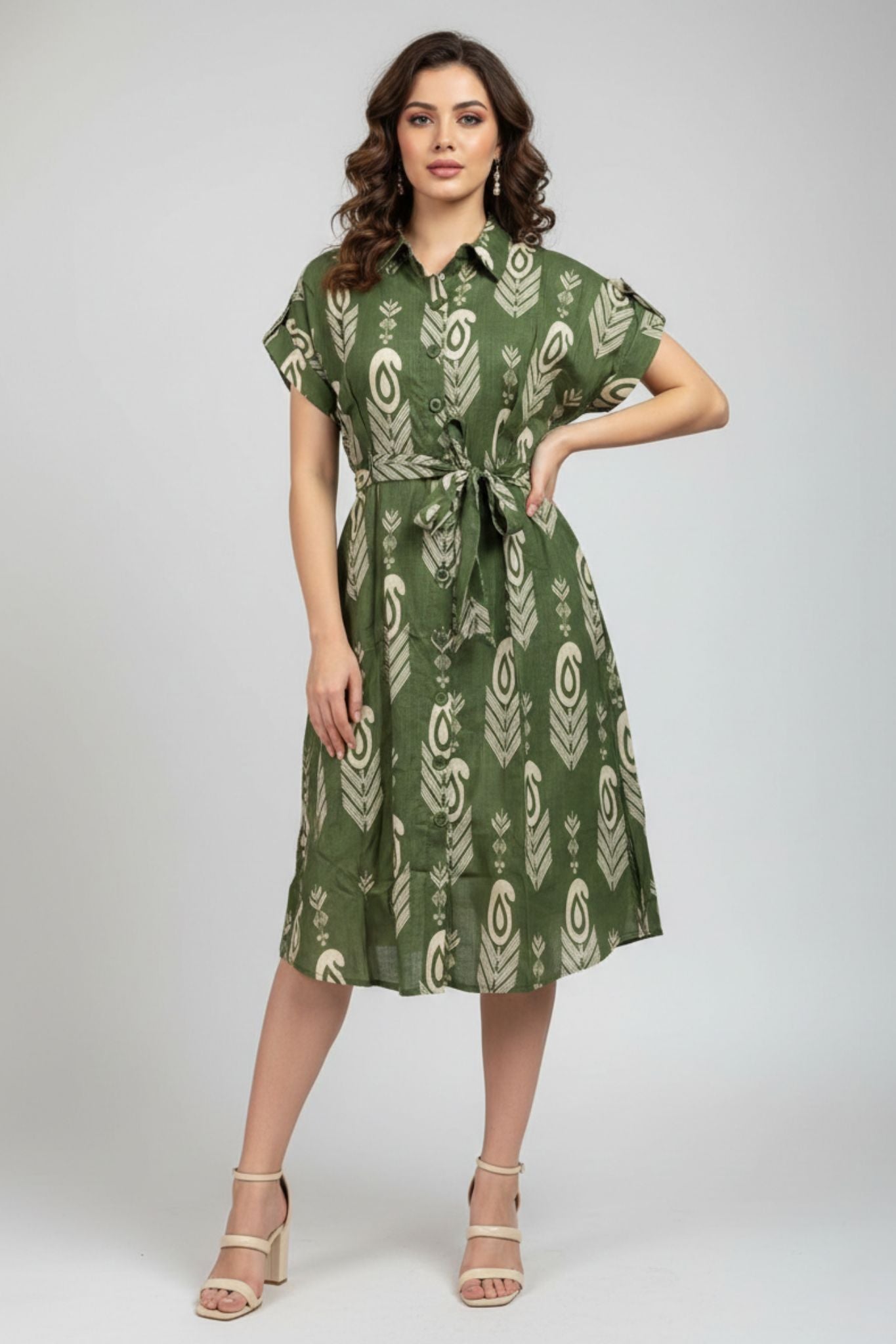 Shirt Collar Belted Dress - Green | Lyocell