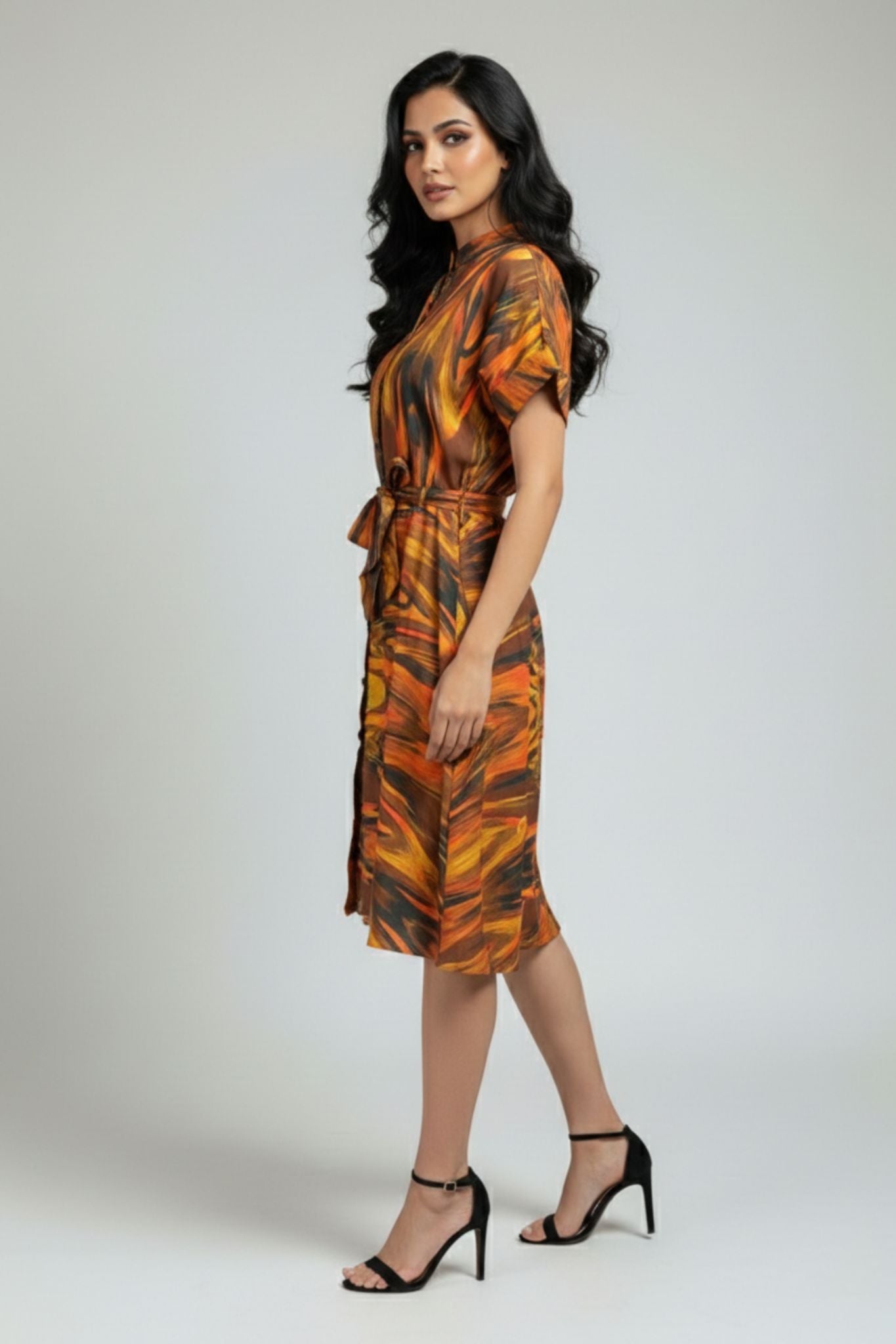 Mandarin Collar Button Down Dress – Multicolor | Modal