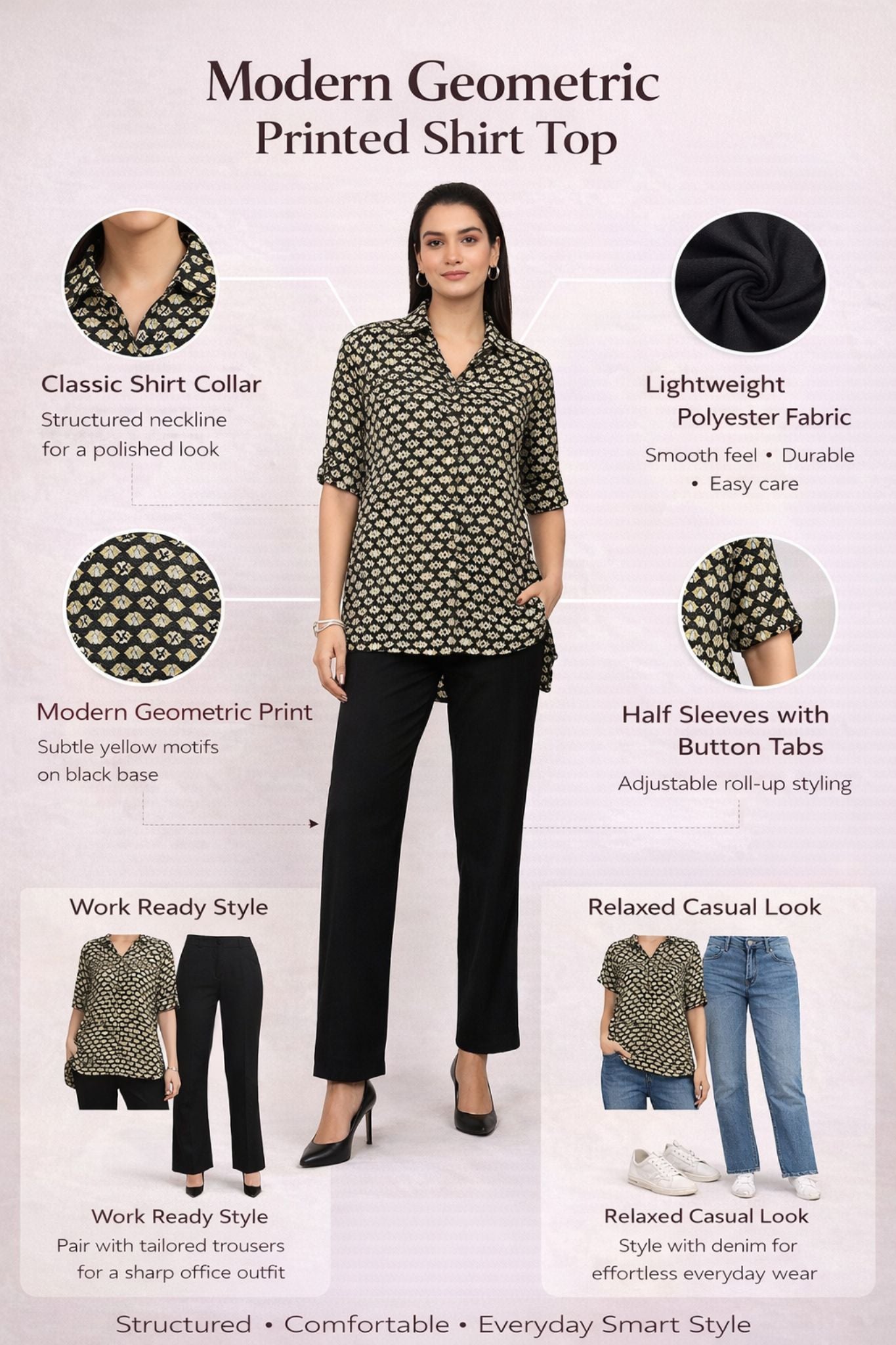 Geometric Printed Shirt Top – Black | Polyester