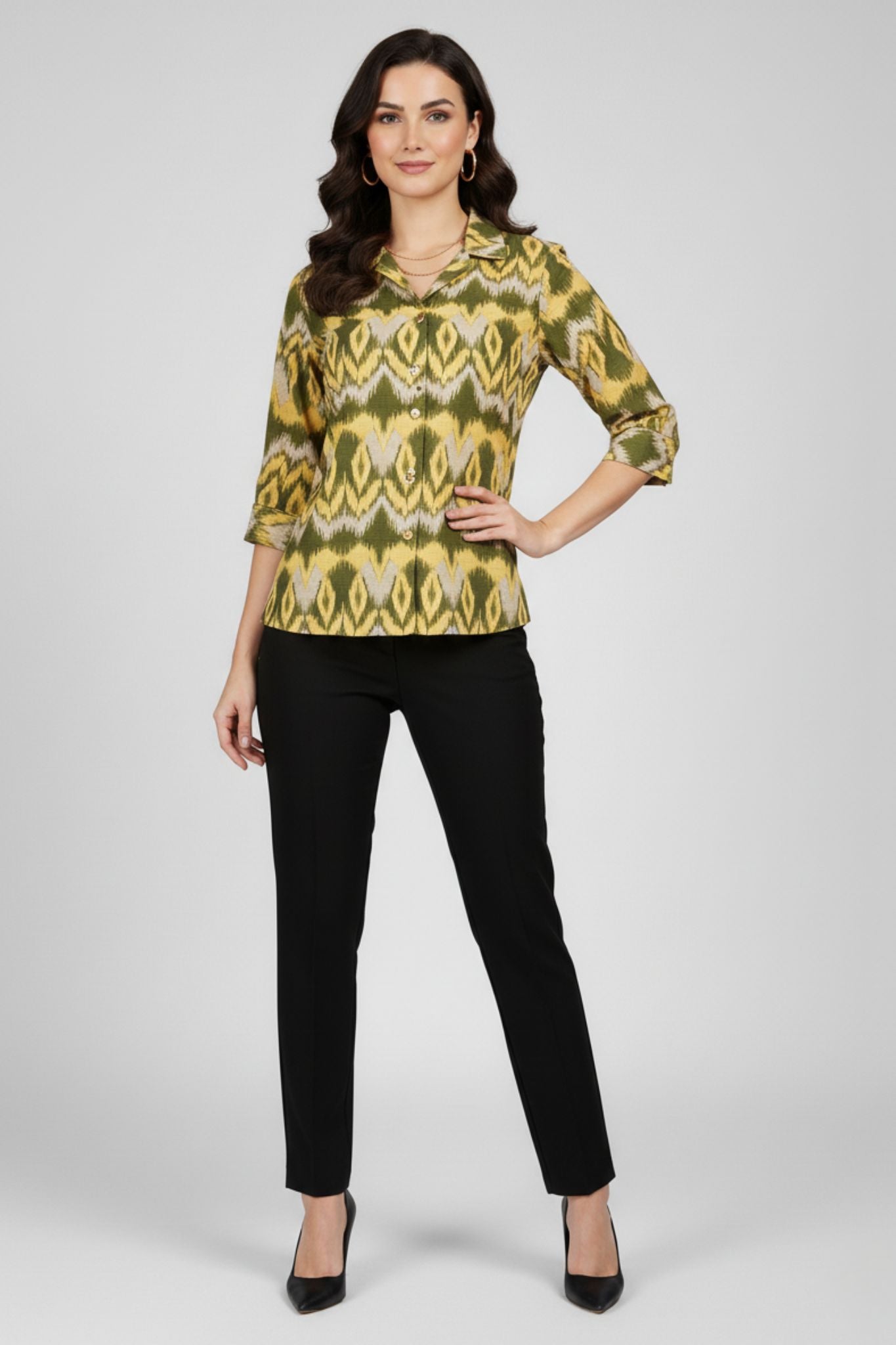 Green Ikat Print Shirt Top