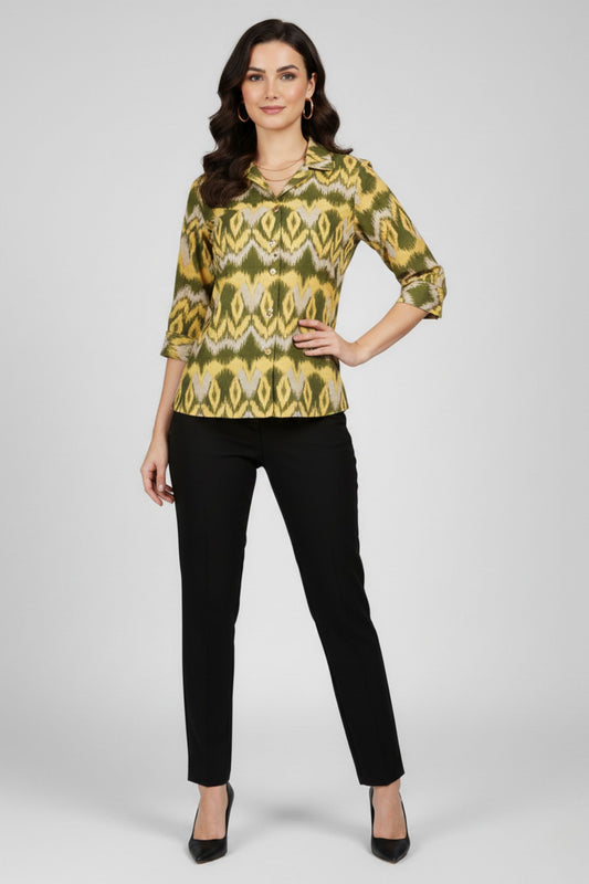 Green Ikat Print Shirt Top