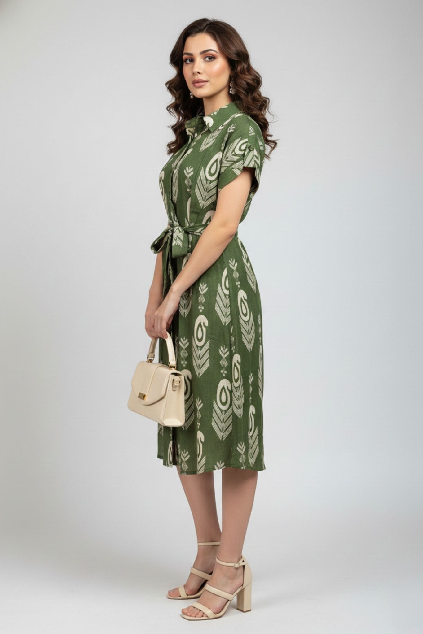 Shirt Collar Belted Dress - Green | Lyocell