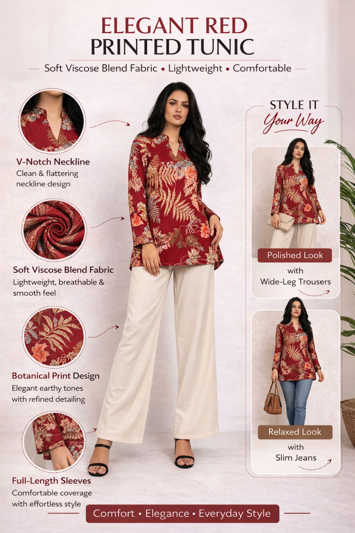 V-Neck Floral Tunic – Red | Viscose Blend
