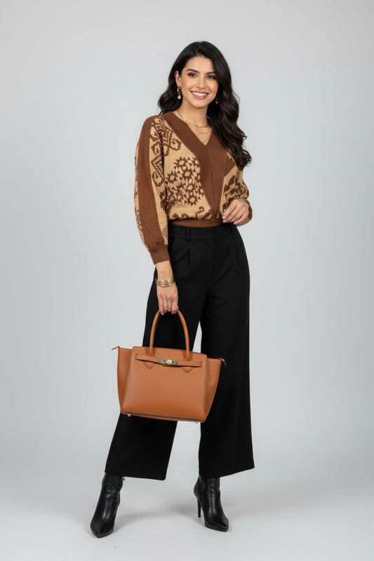 Rusty Vibes Jacquard V-Neck Sweater