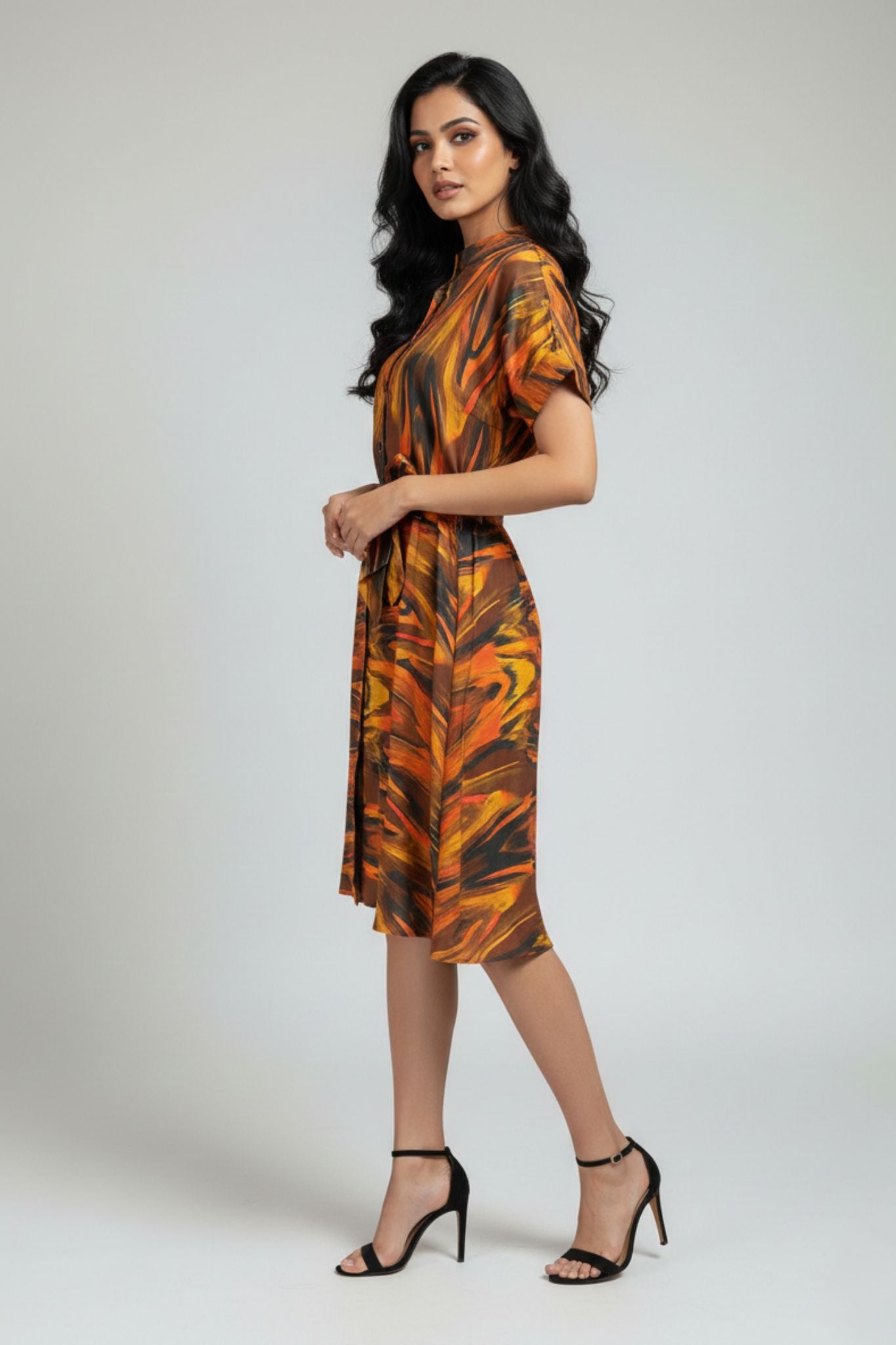 Mandarin Collar Button Down Dress – Multicolor | Modal