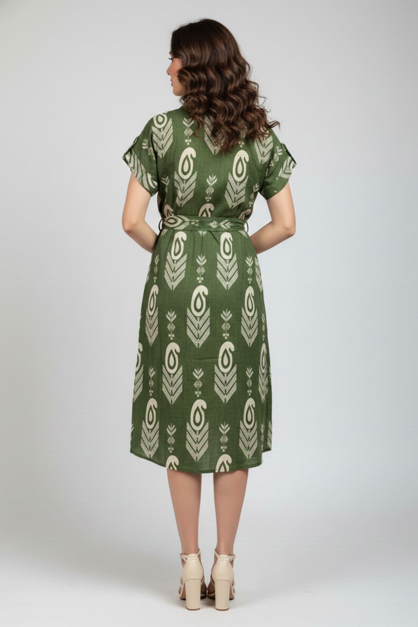 Shirt Collar Belted Dress - Green | Lyocell