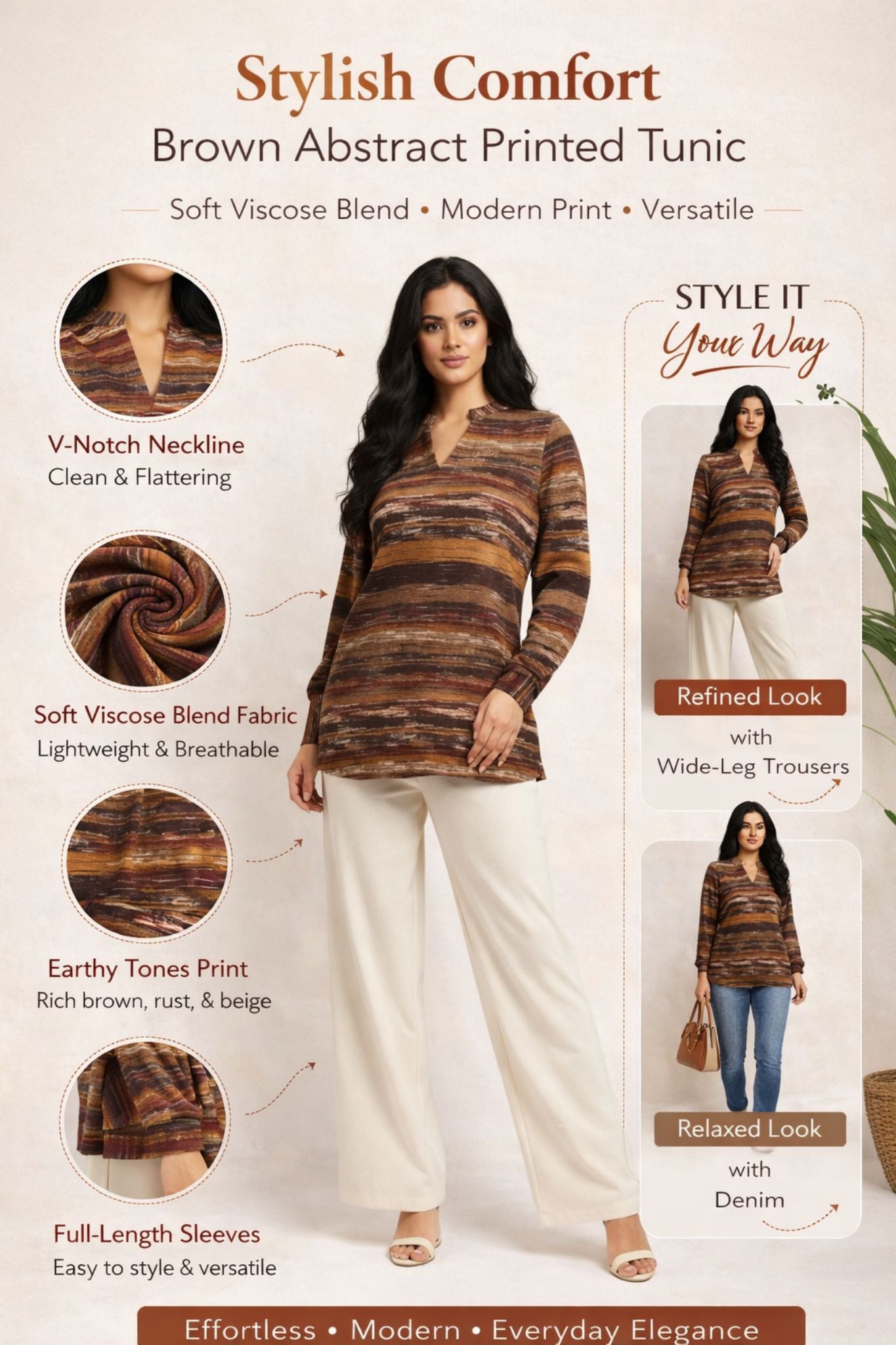 Earth-Tone Printed Tunic – Brown | Viscose Blend