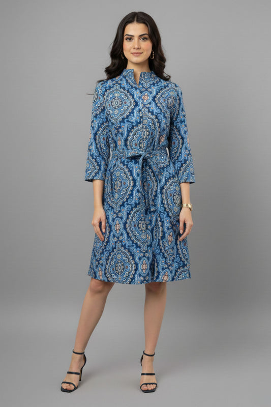 Blue Paisley Collared Midi Dress