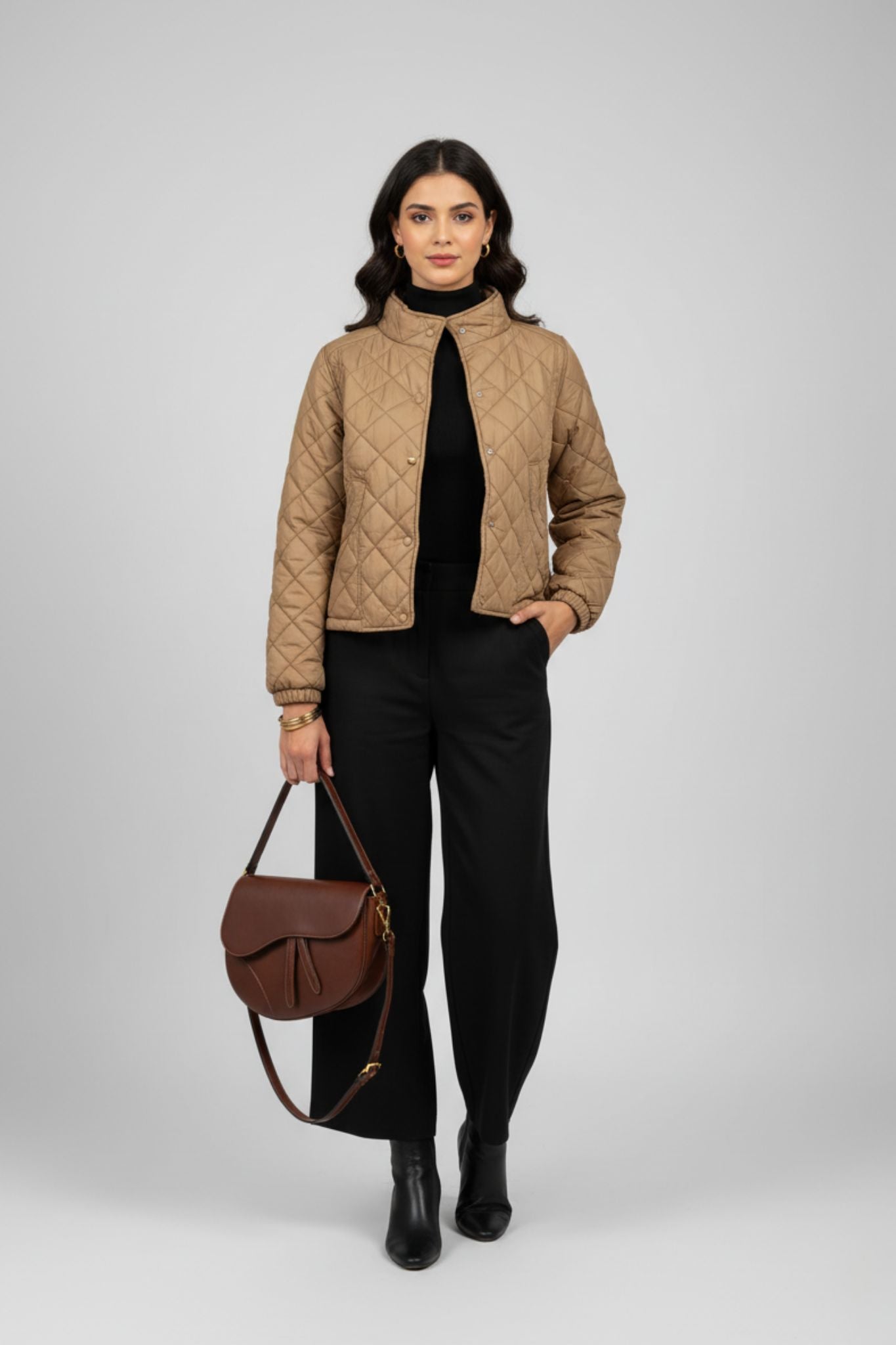 Cocoa Quilted High-Neck Short Jacket