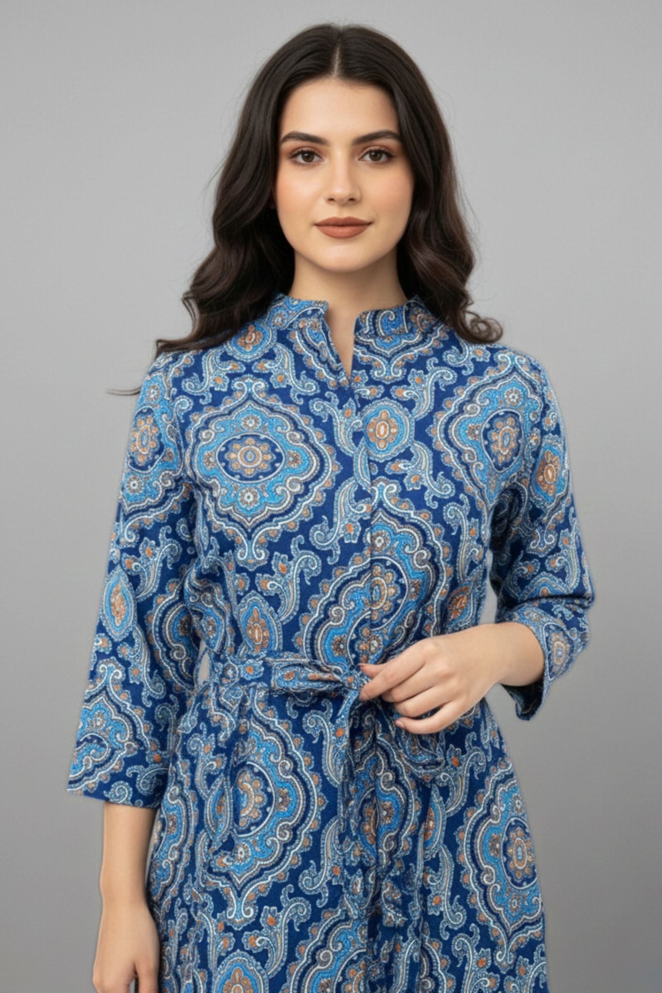 Blue Paisley Collared Midi Dress