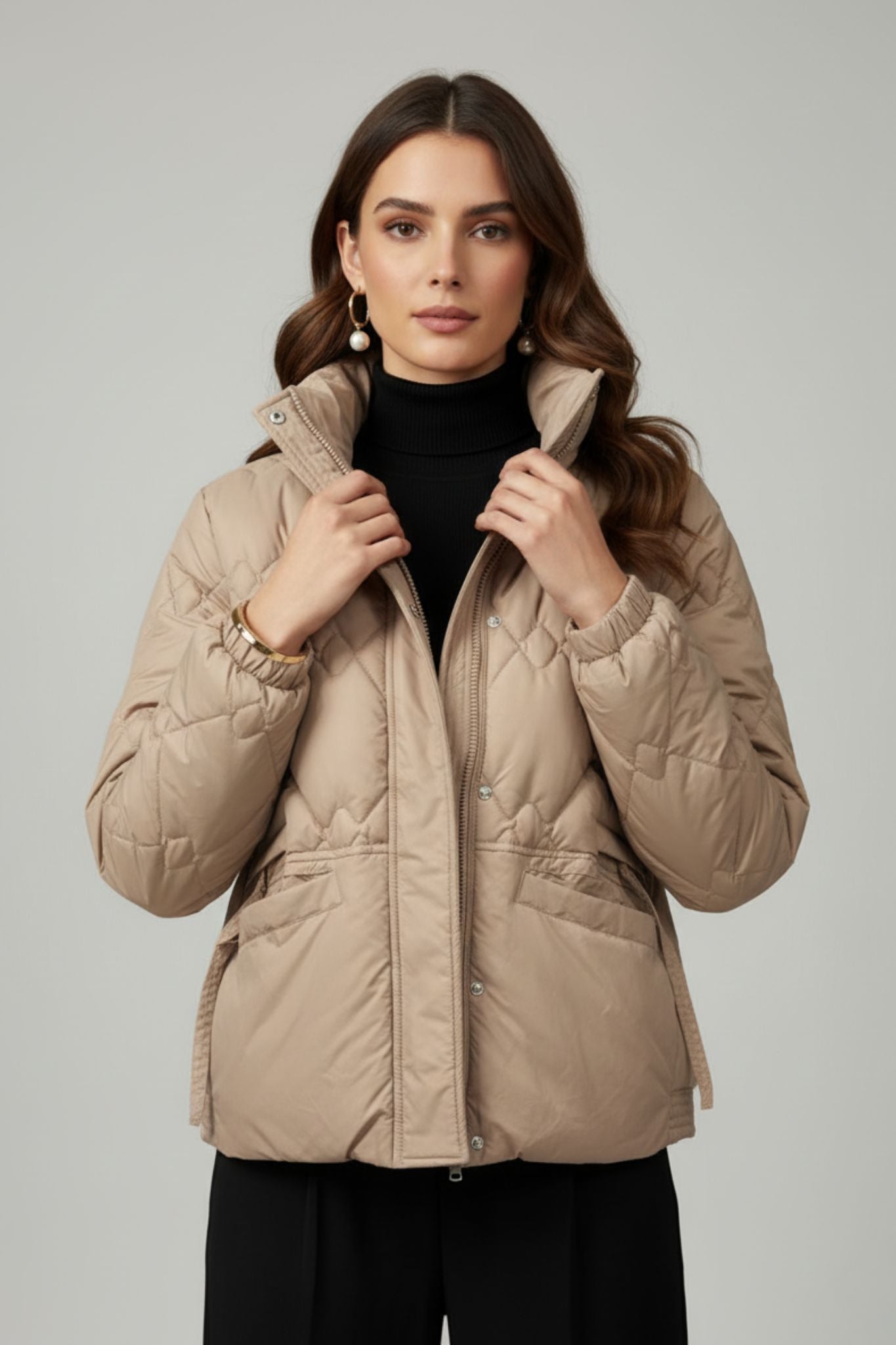 Diamond-Stitch Quilted Beige Jacket