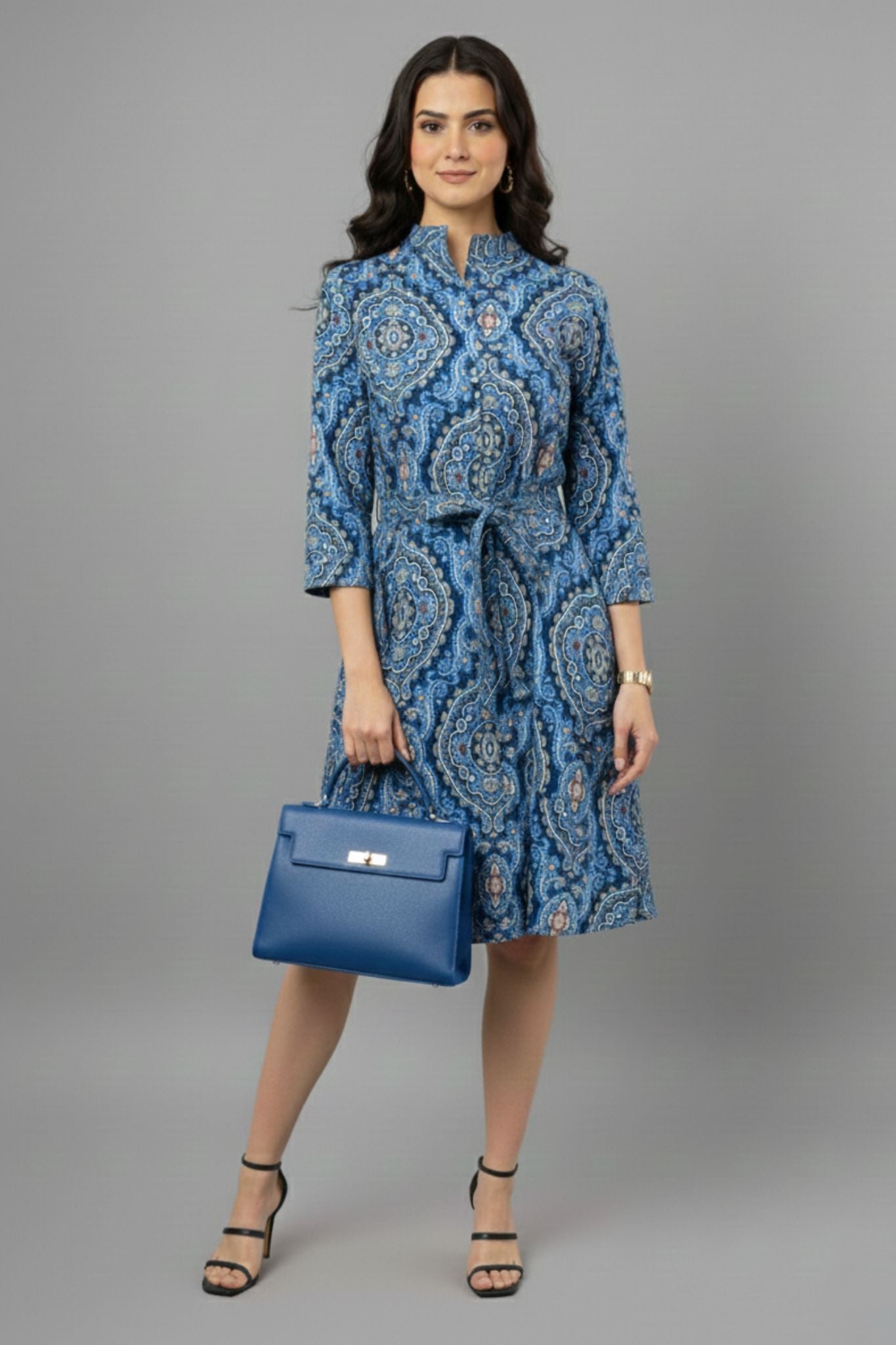 Blue Paisley Collared Midi Dress