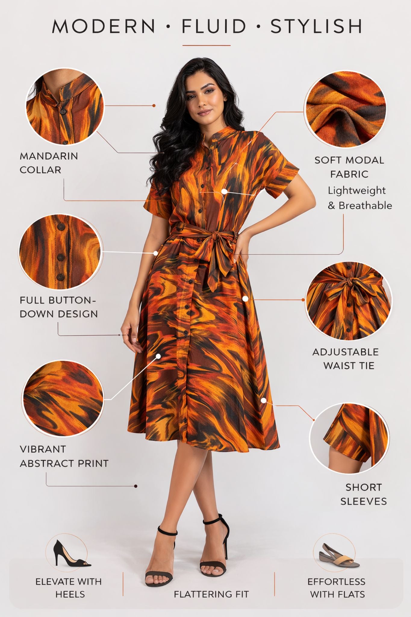 Mandarin Collar Button Down Dress – Multicolor | Modal