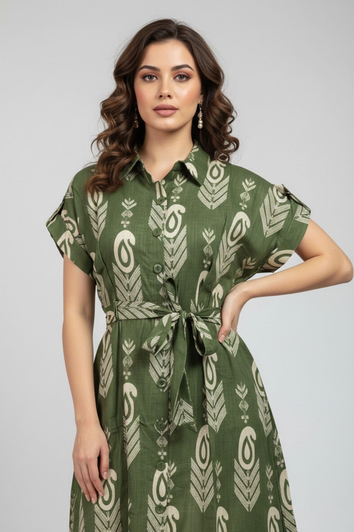 Shirt Collar Belted Dress - Green | Lyocell