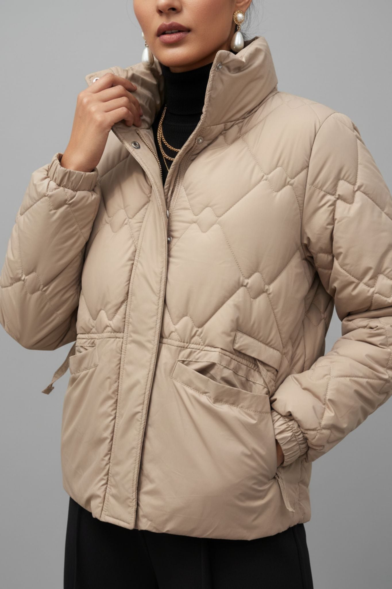 Diamond-Stitch Quilted Beige Jacket