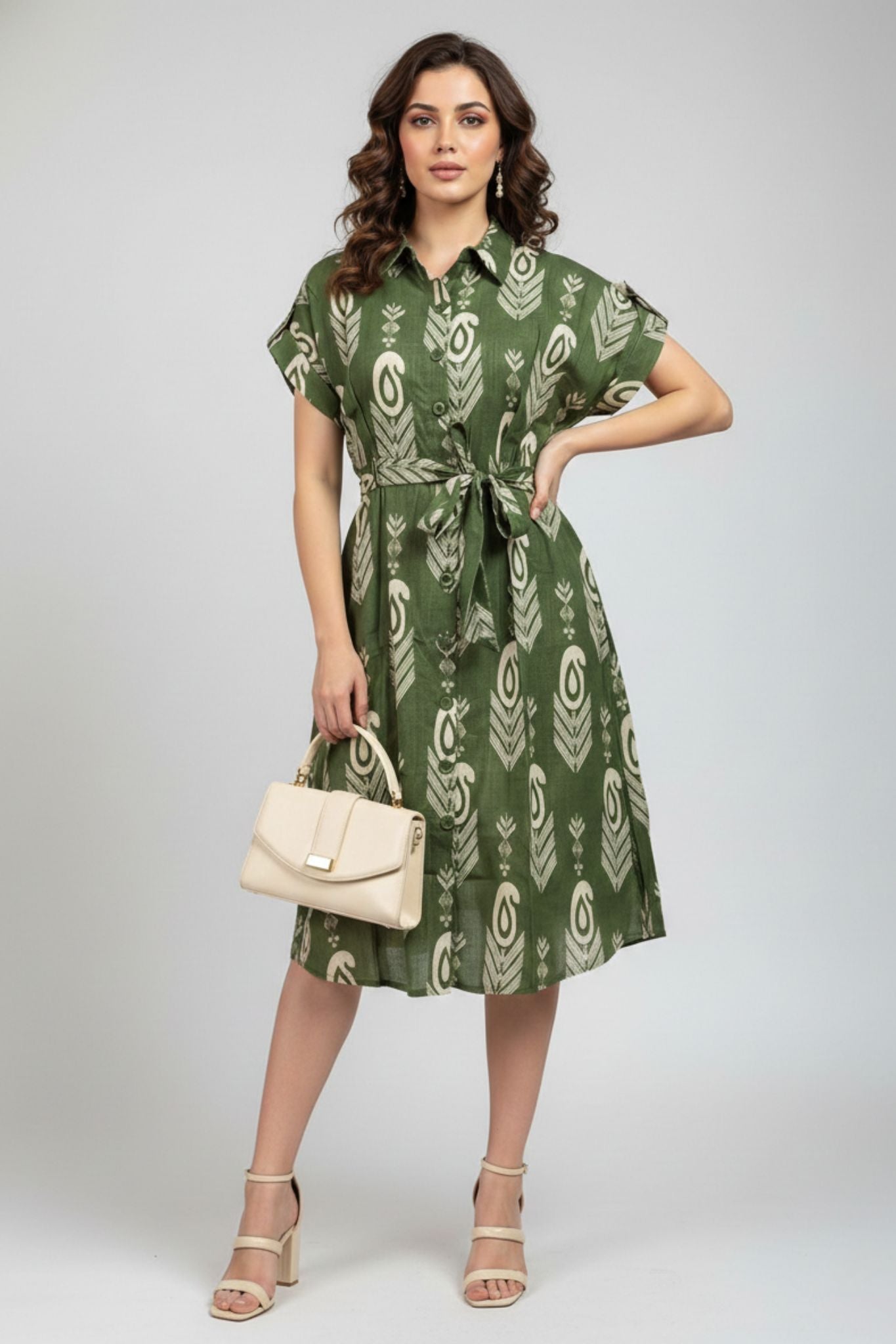Shirt Collar Belted Dress - Green | Lyocell