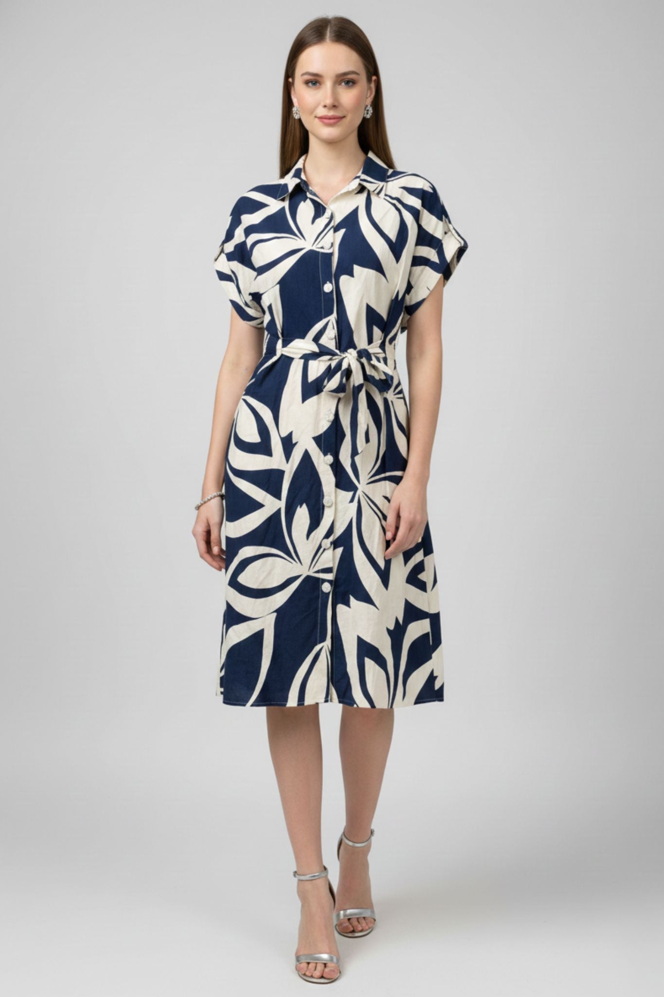 Abstract Floral Shirt Dress - Navy | Viscose Blend