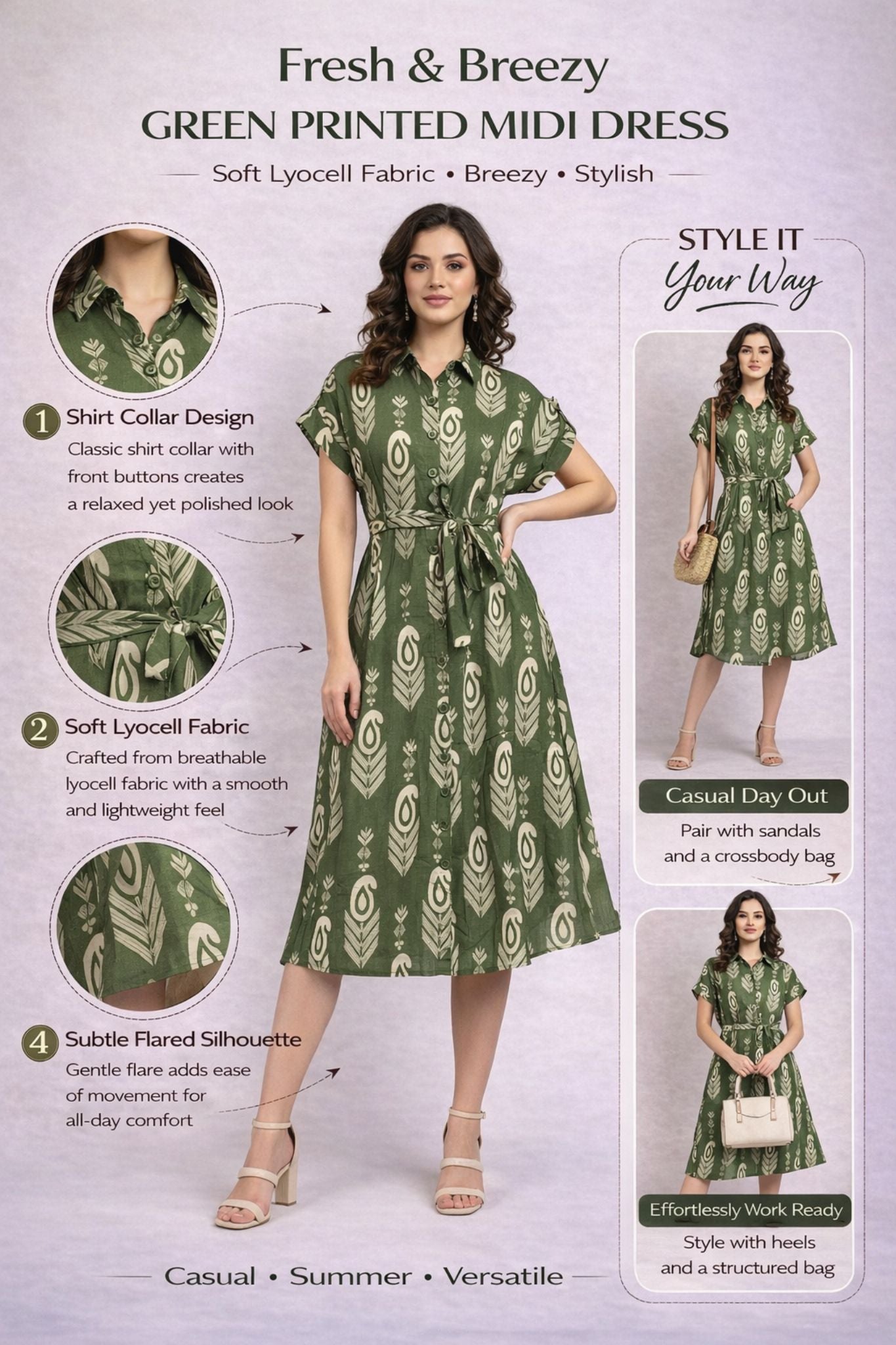 Shirt Collar Belted Dress - Green | Lyocell