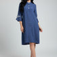 Mandarin Collar Embroidered Sleeve Dress – Blue | Viscose