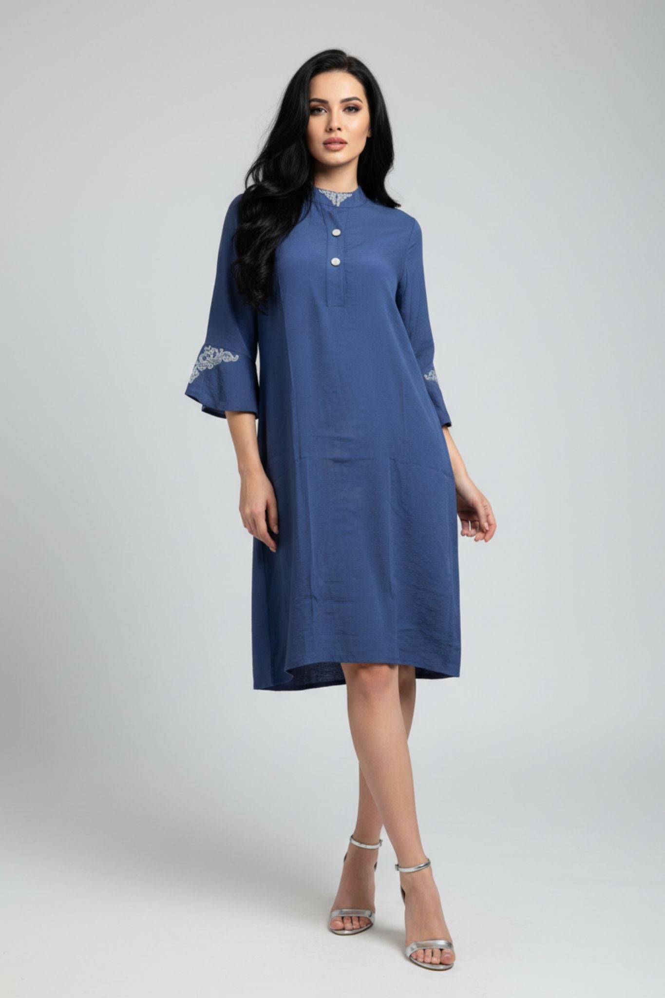 Mandarin Collar Embroidered Sleeve Dress – Blue | Viscose