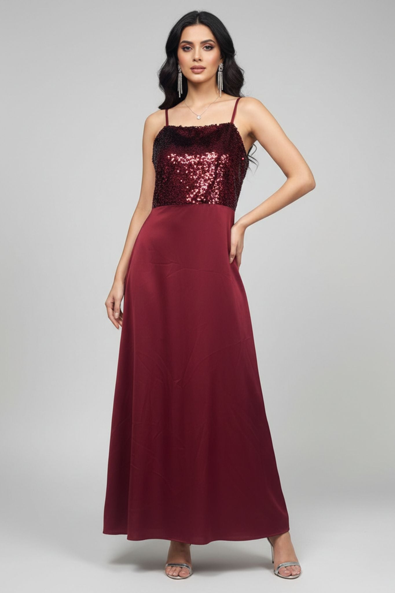 Bodice Satin Maxi Dress - Maroon | Satin
