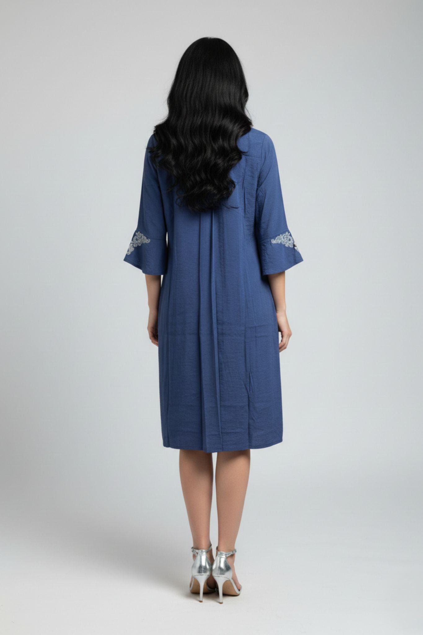 Mandarin Collar Embroidered Sleeve Dress – Blue | Viscose