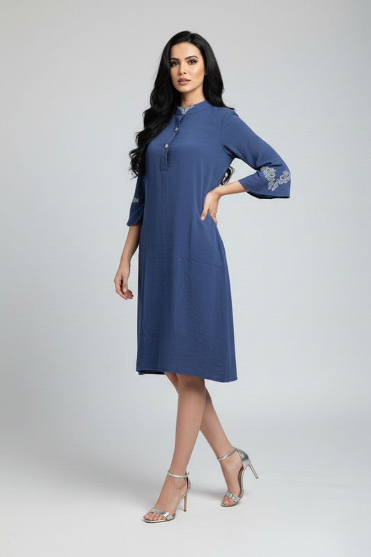 Mandarin Collar Embroidered Sleeve Dress – Blue | Viscose
