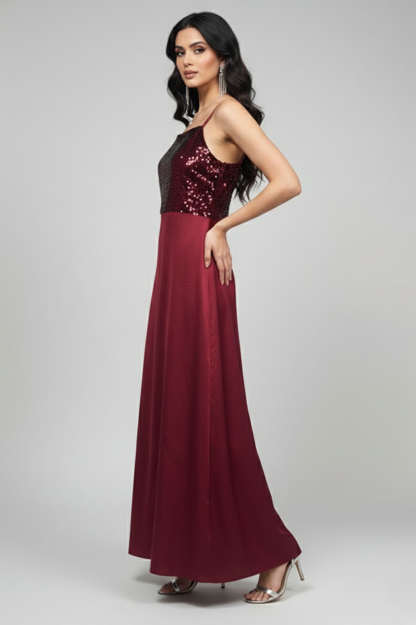 Bodice Satin Maxi Dress - Maroon | Satin