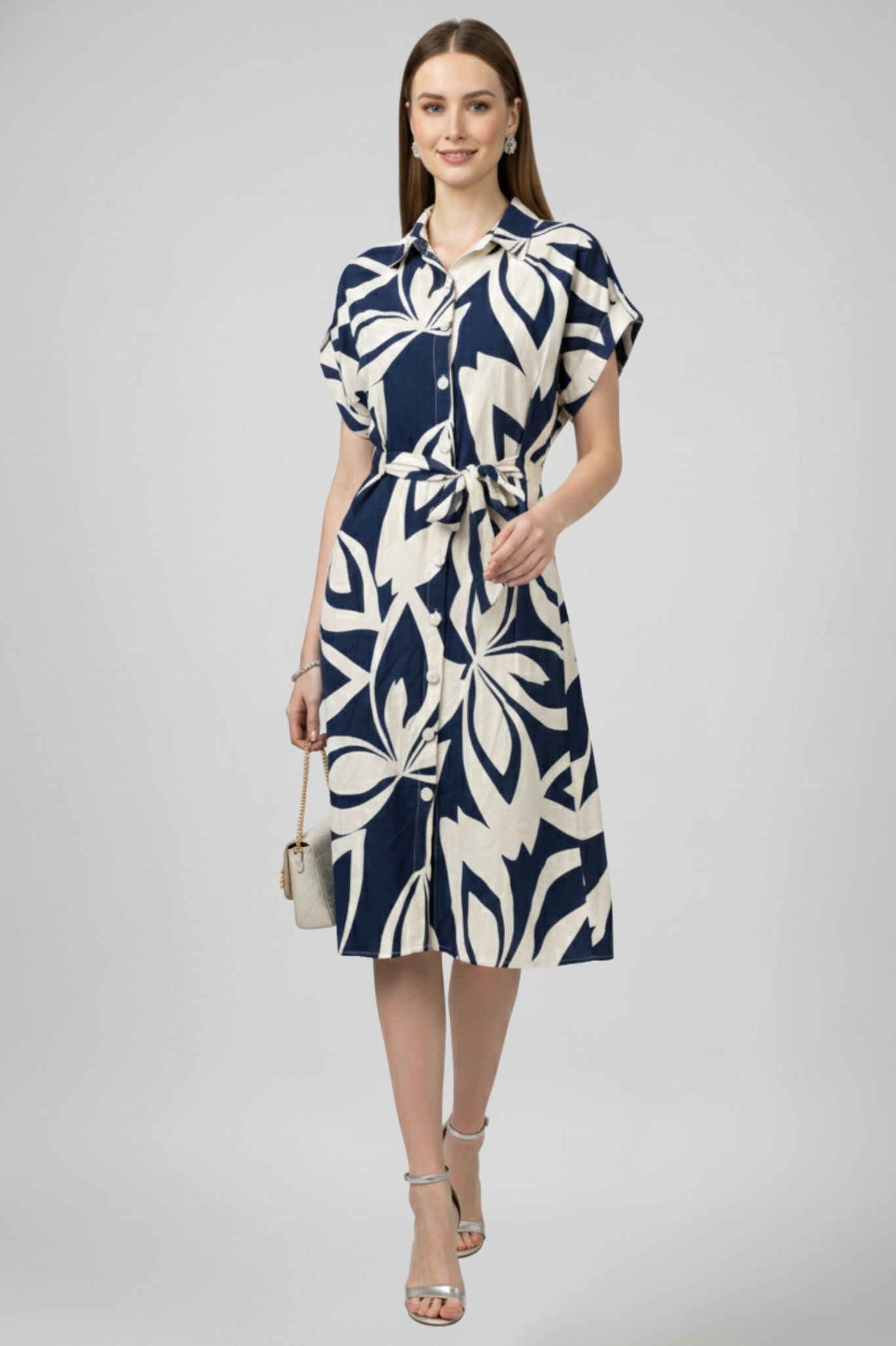 Abstract Floral Shirt Dress - Navy | Viscose Blend