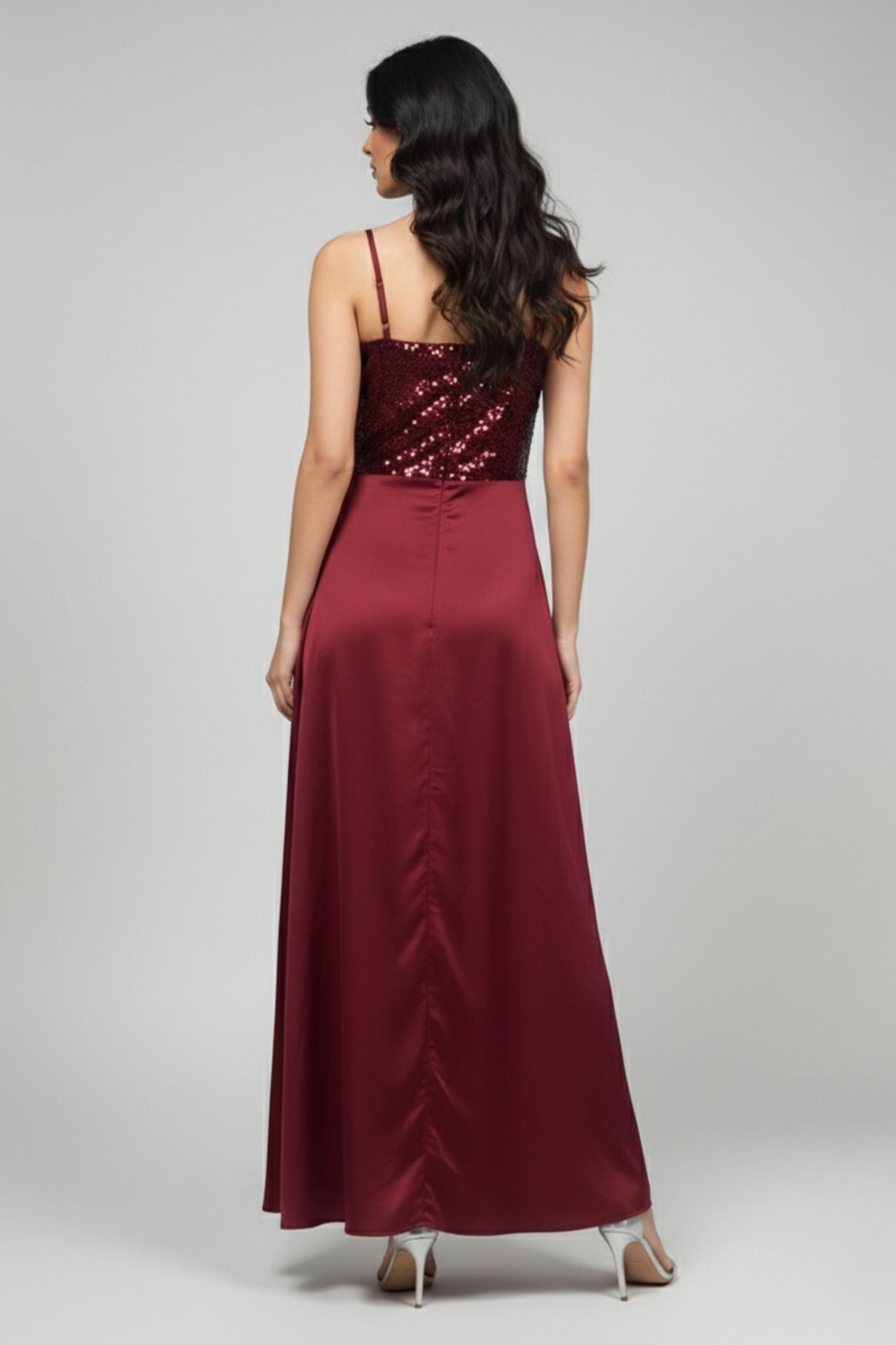 Bodice Satin Maxi Dress - Maroon | Satin