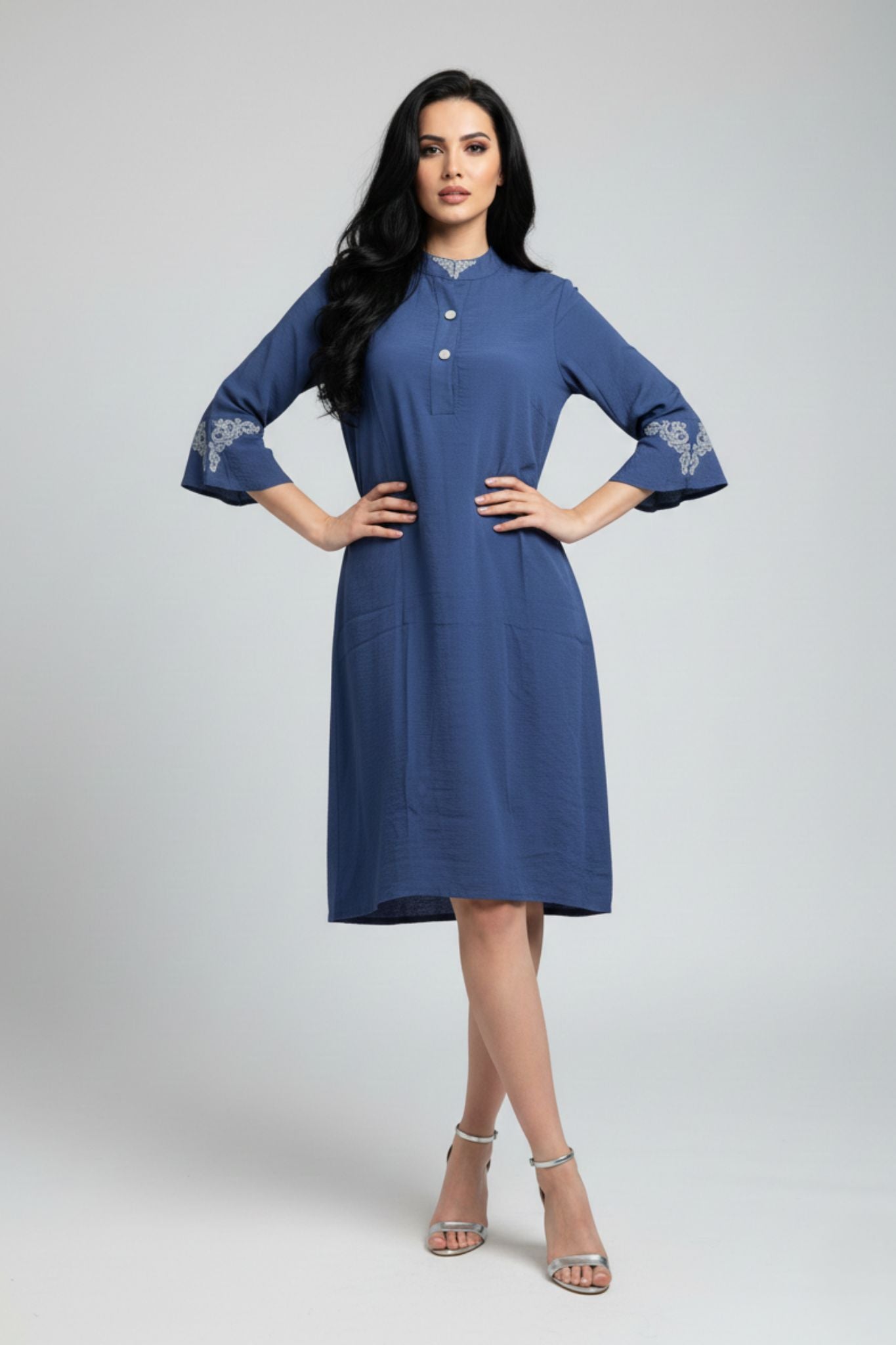 Mandarin Collar Embroidered Sleeve Dress – Blue | Viscose