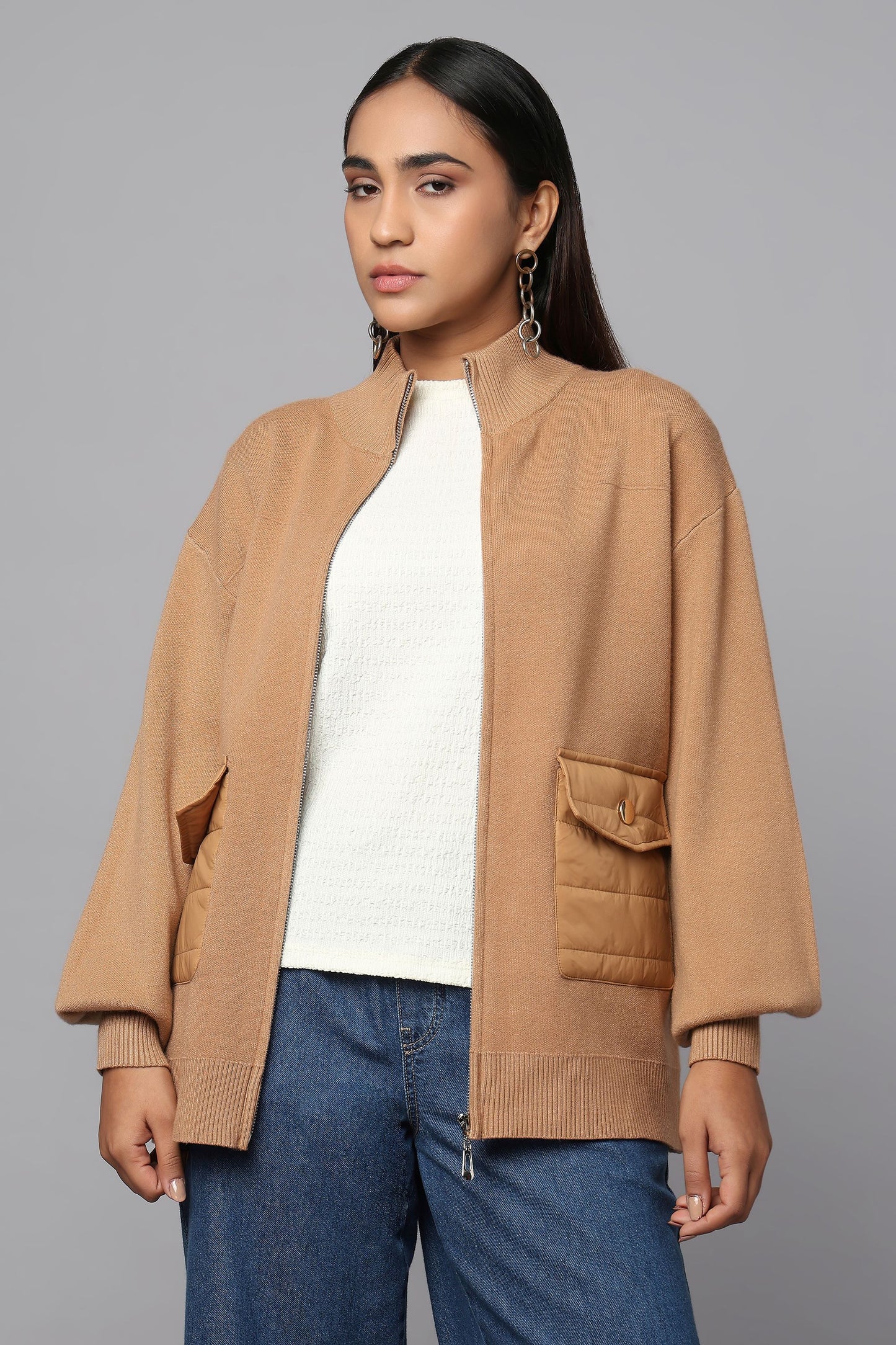Zip-Up Beige Sweater with Quilted Pockets