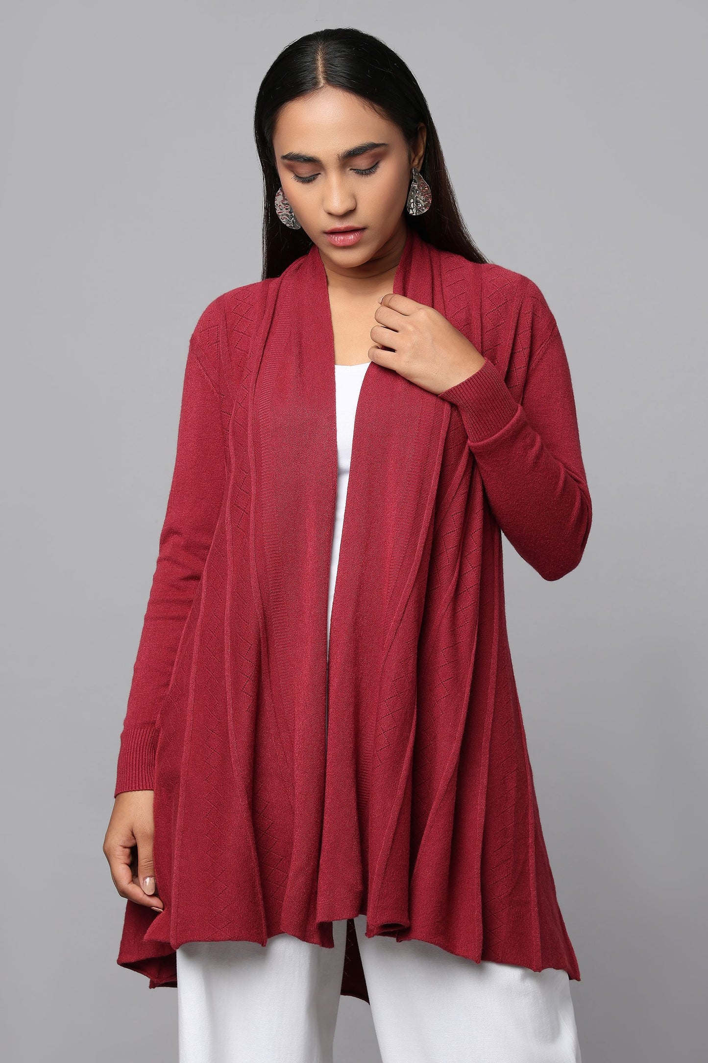 Diamond Knit Longline Cardigan - Maroon