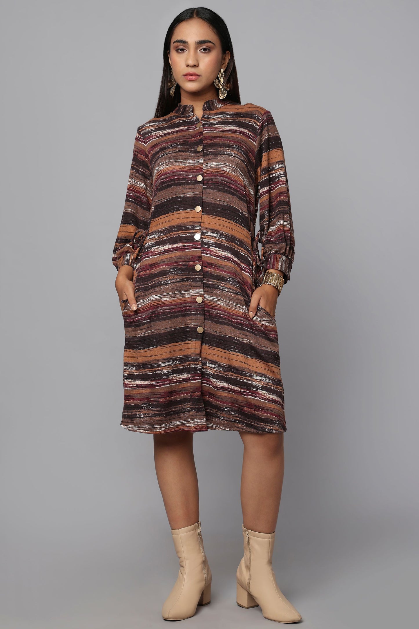 Earthline Knit Shirt Dress with Drawstring Waist