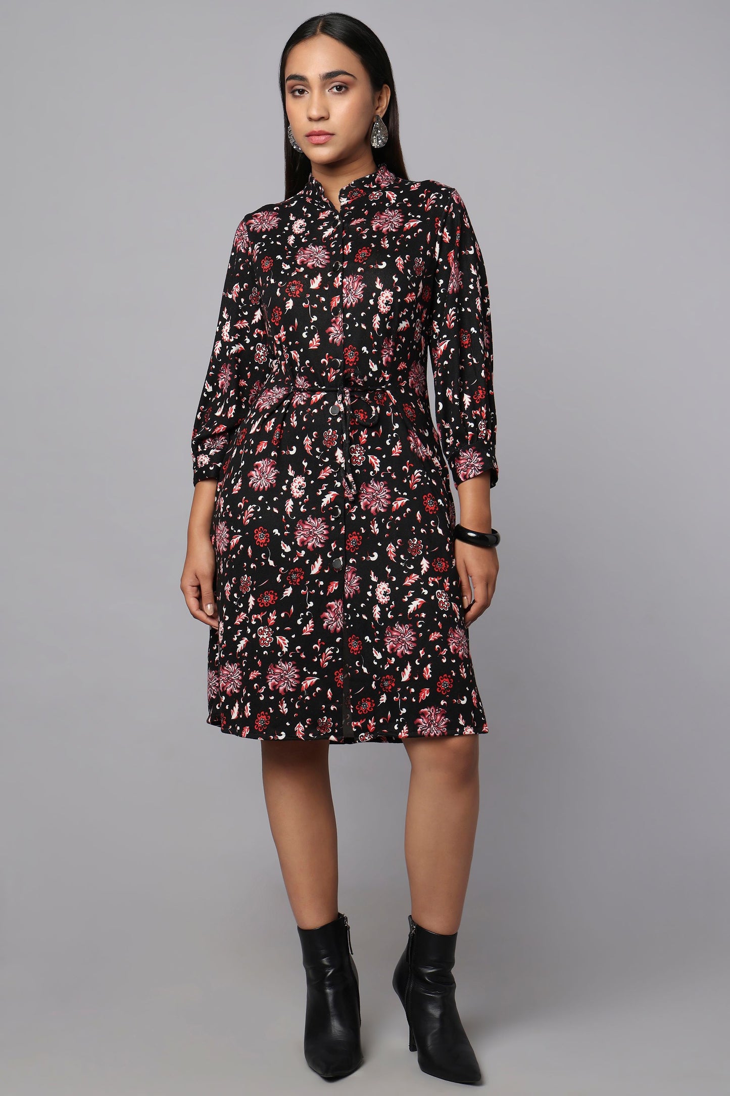 Black Printed Tie-Waist Shirt Dress